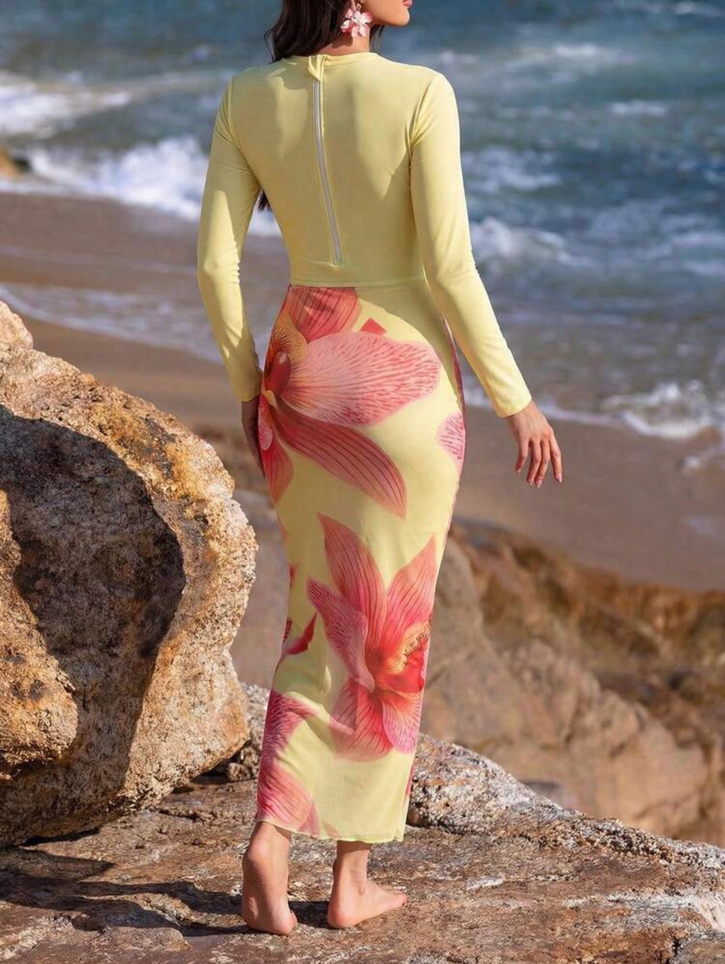 Burkini 3 Pièces Jaune Imprimé Orchidée