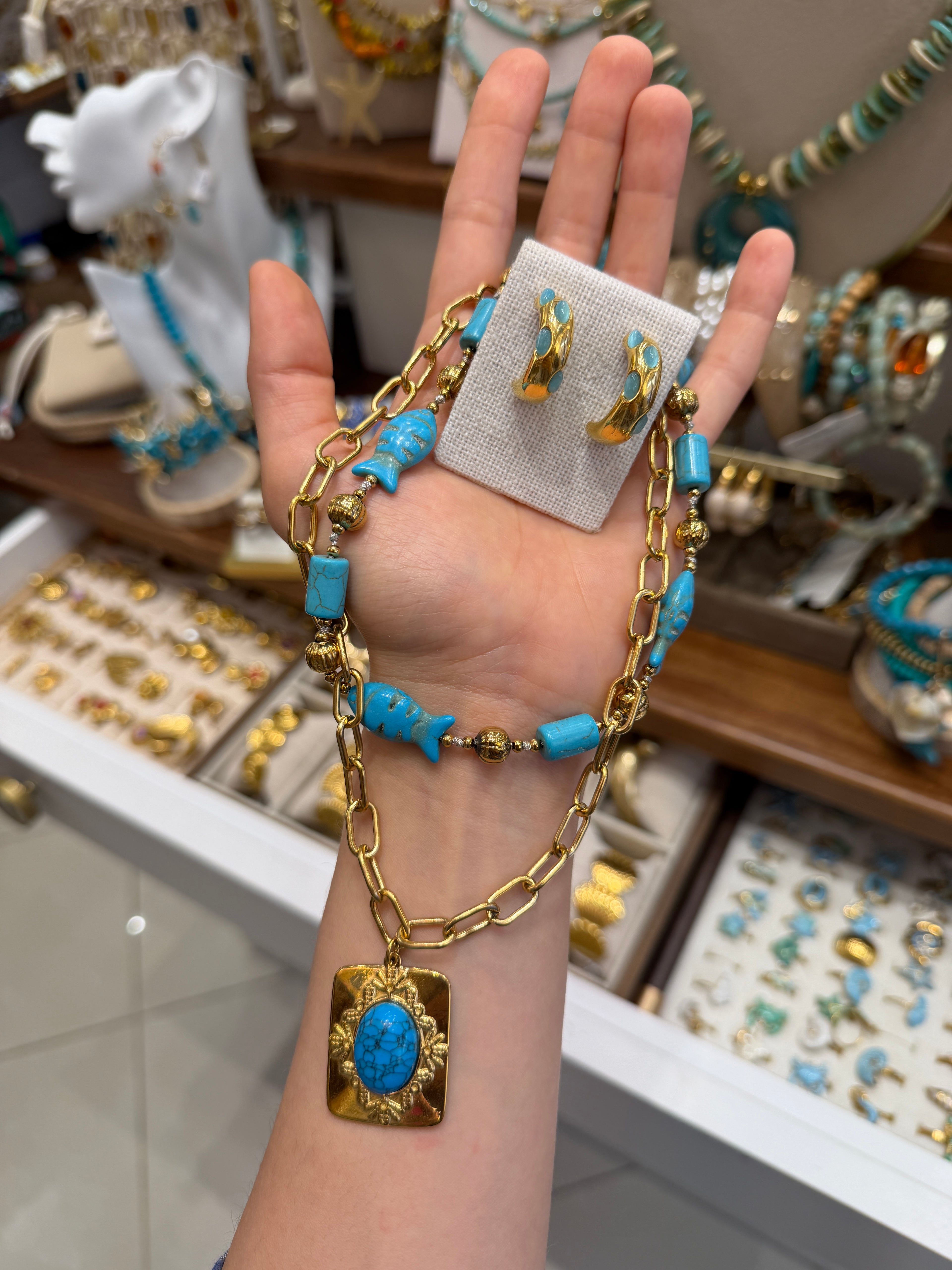 Collier turquoise double chaînes méditerranéen