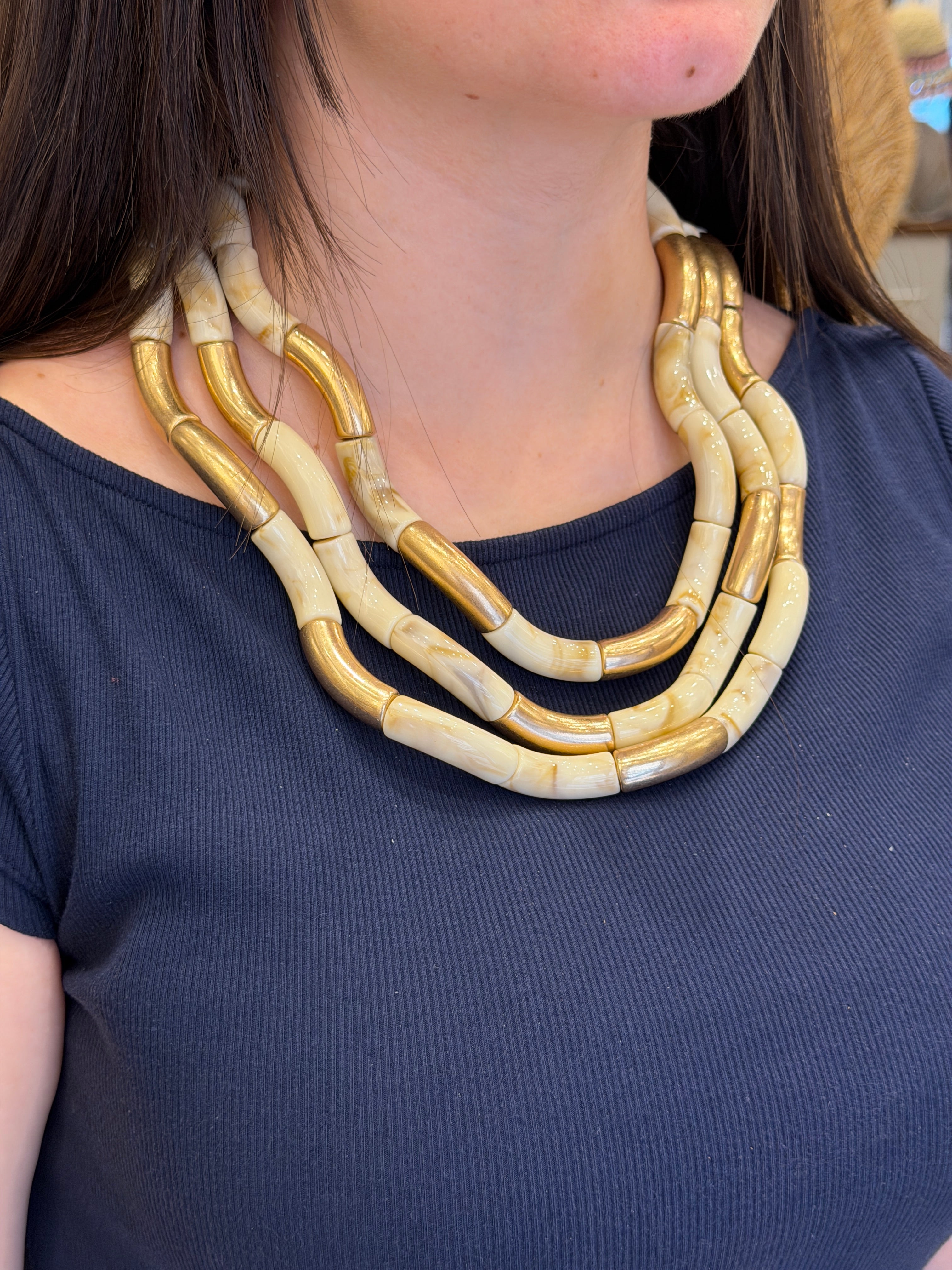 Collier Tubes bambou Blancs et Dorés Style Bohème Chic