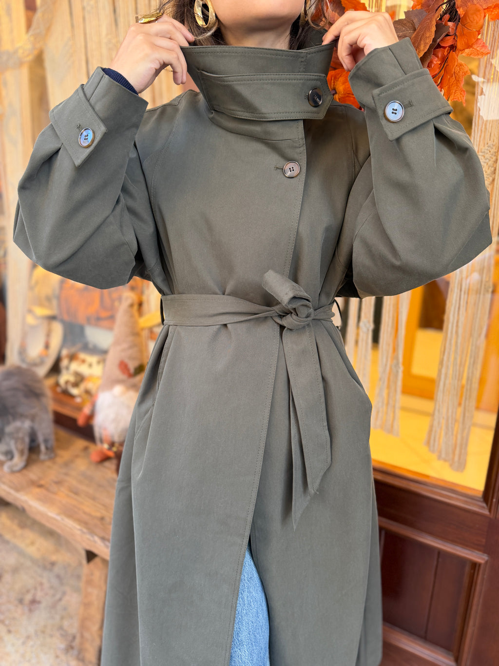 Trench-coat maxi long col montant