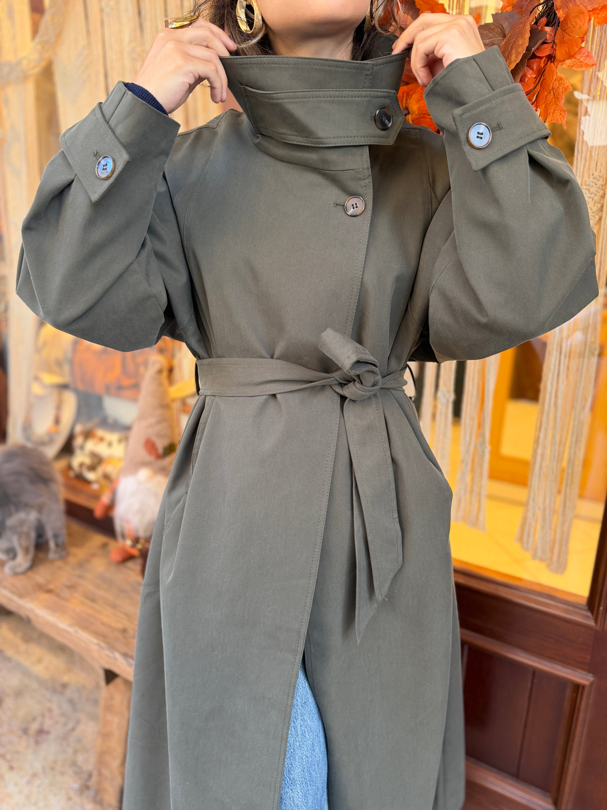 Trench-coat maxi long col montant