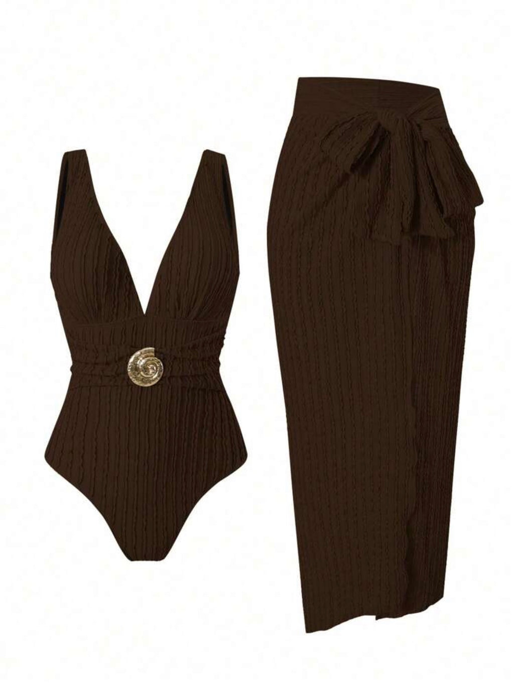Maillot de Bain 1 Pièce avec Paréo Texturé Marron