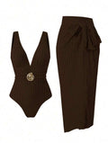 Maillot de Bain 1 Pièce avec Paréo Texturé Marron