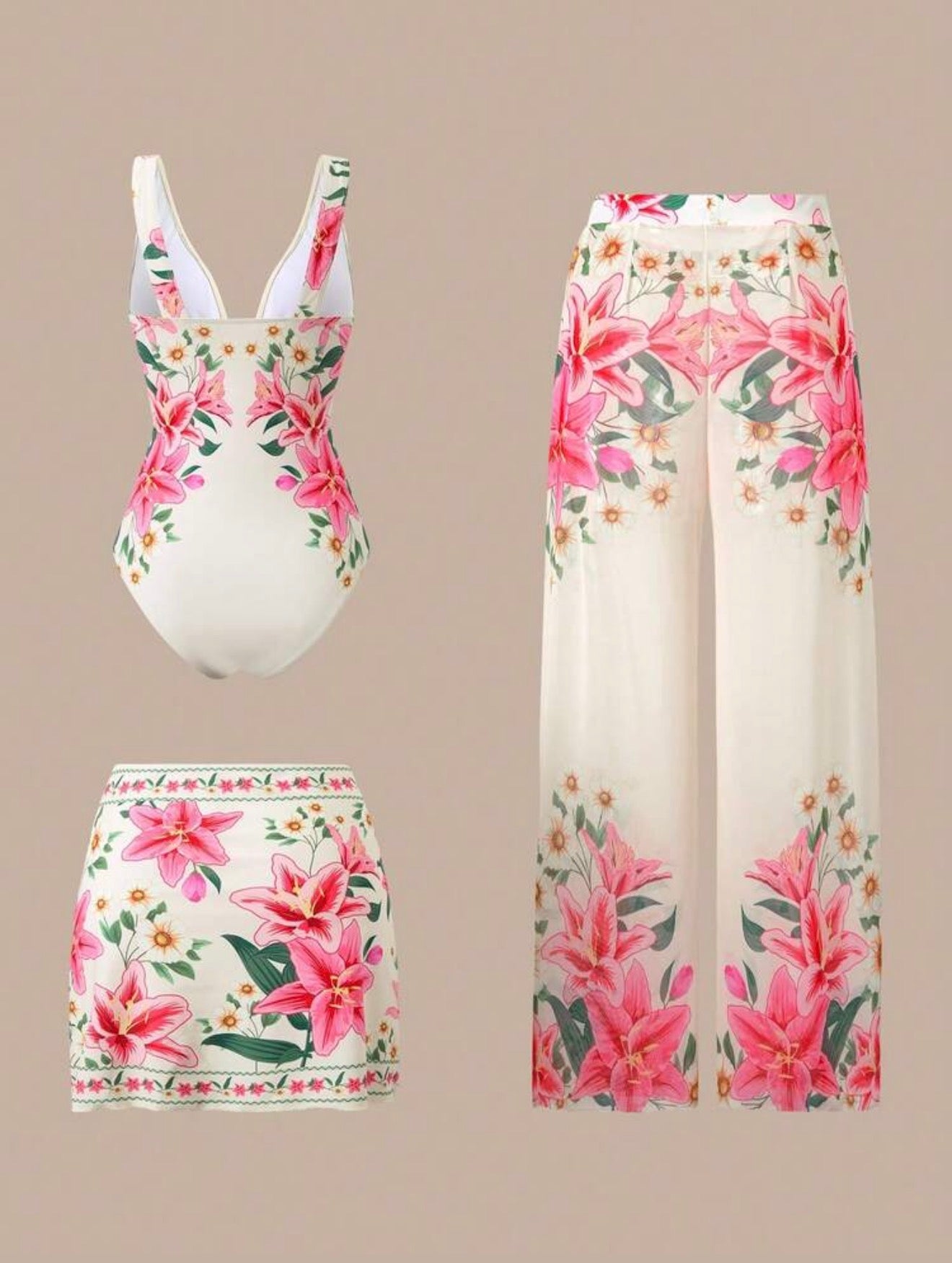 Maillot de bain 3 pièces avec jupe et pantalon imprimé floral