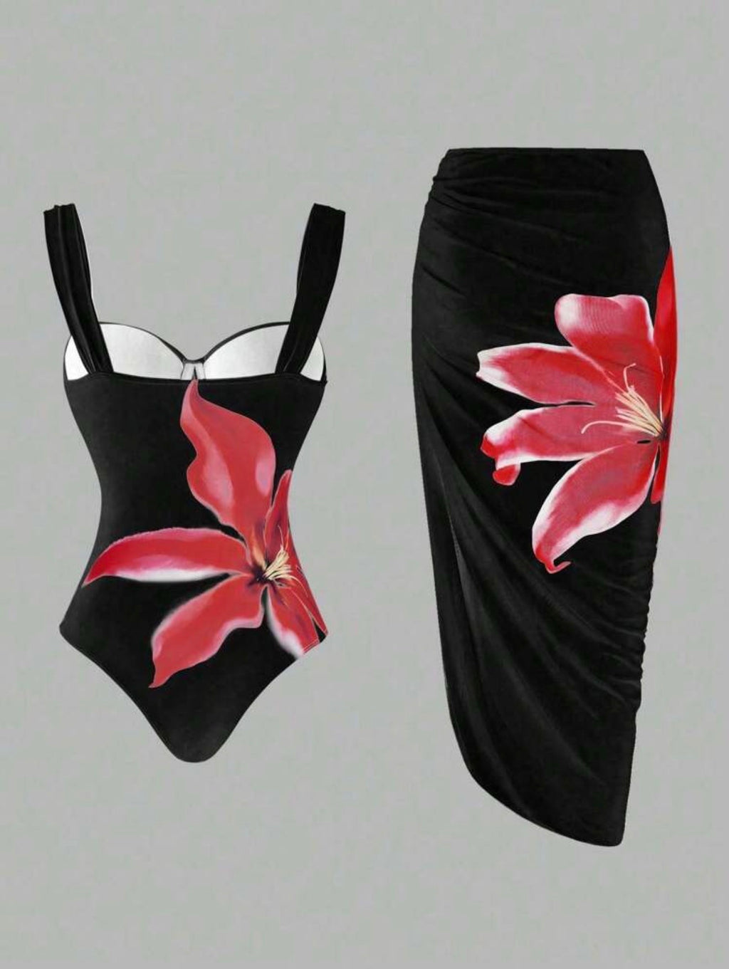 Maillot de Bain 1 pièce avec Paréo Orchidée Rouge