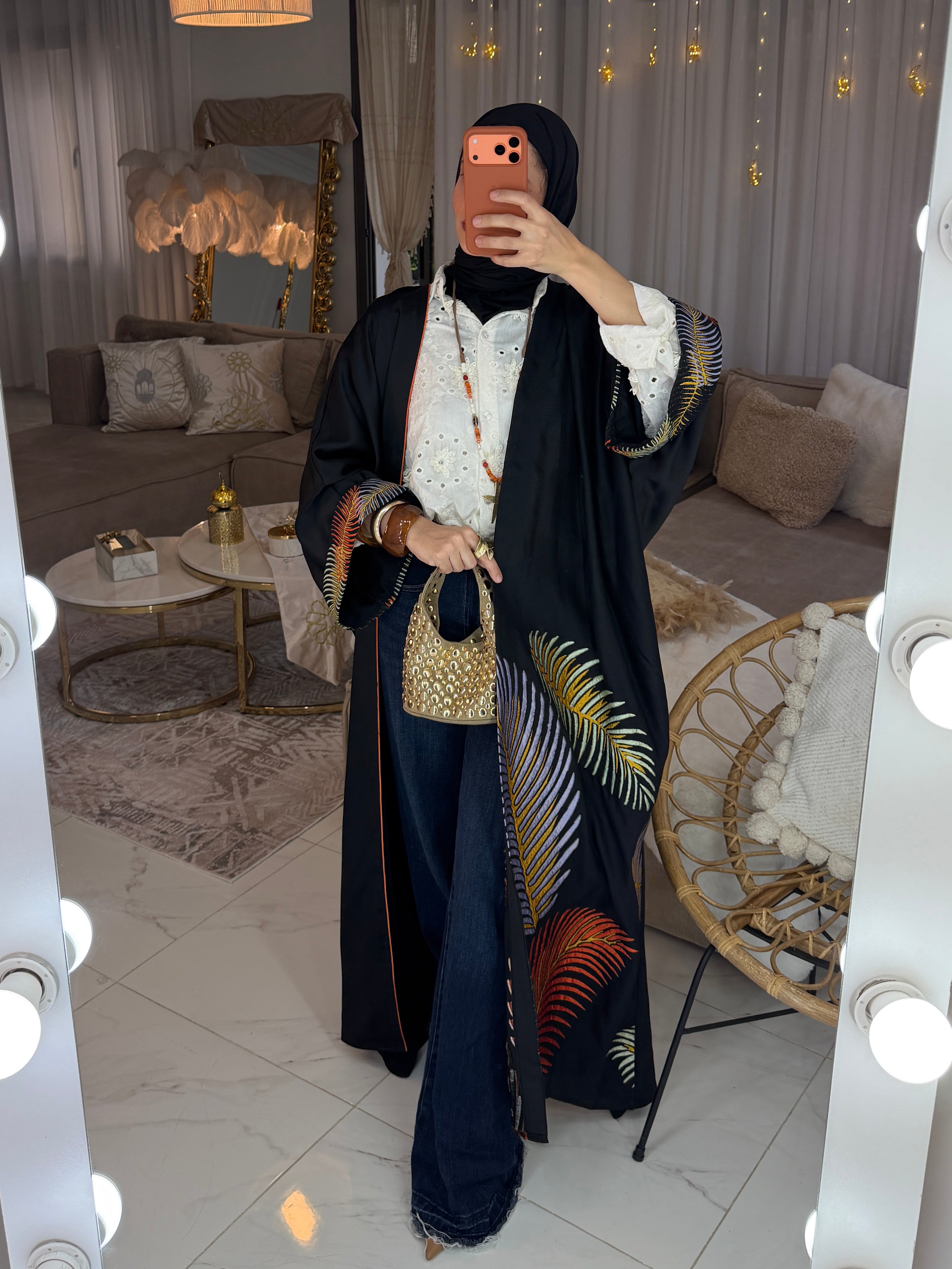 Abaya satin broderie palmier