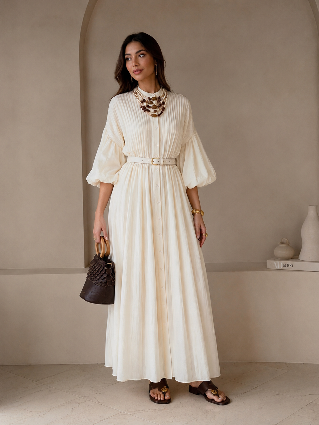Robe Longue avec Ceinture Bohème Ivoire