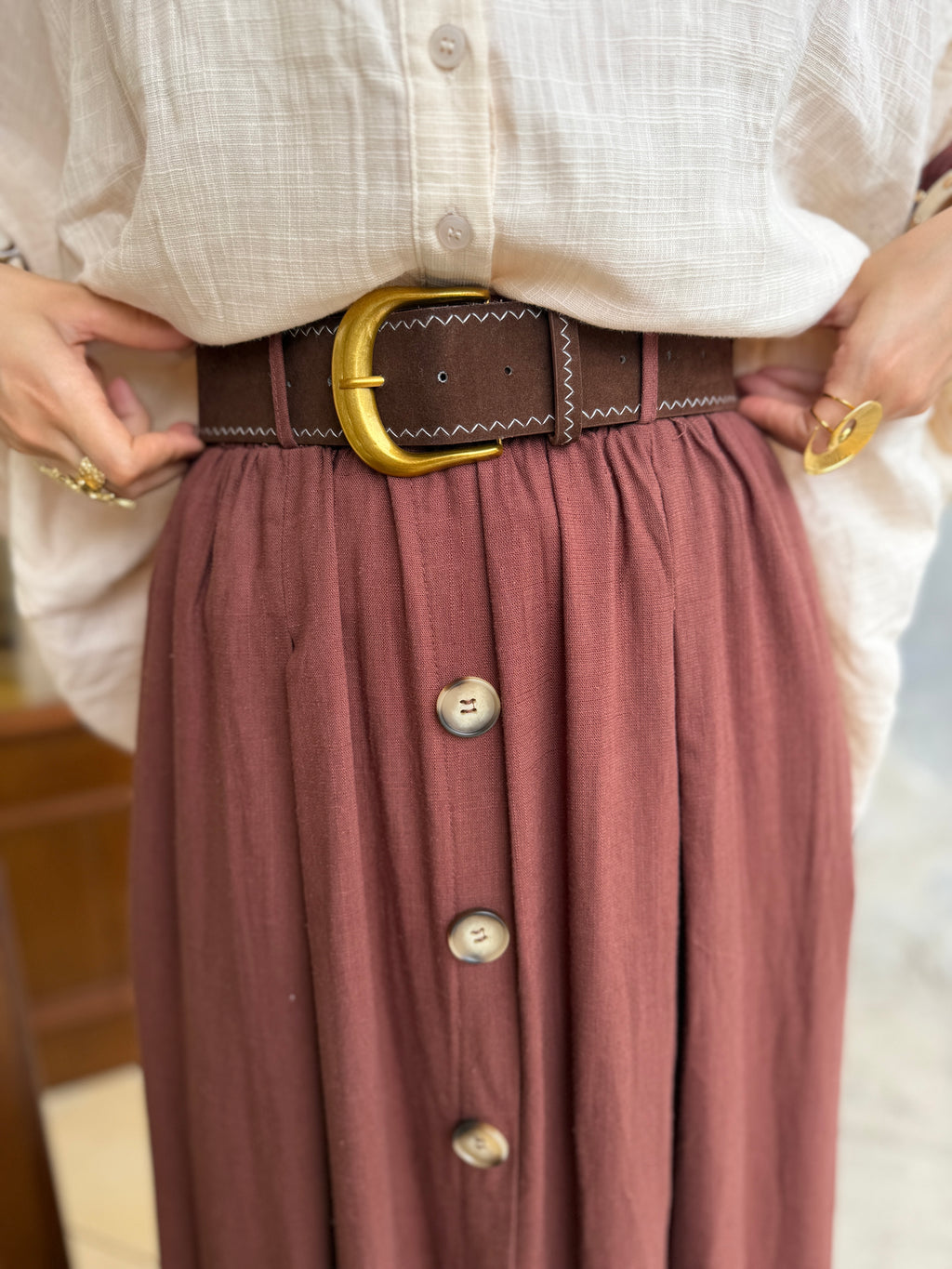 Jupe Boutonnée avec Ceinture en Lin et Coton