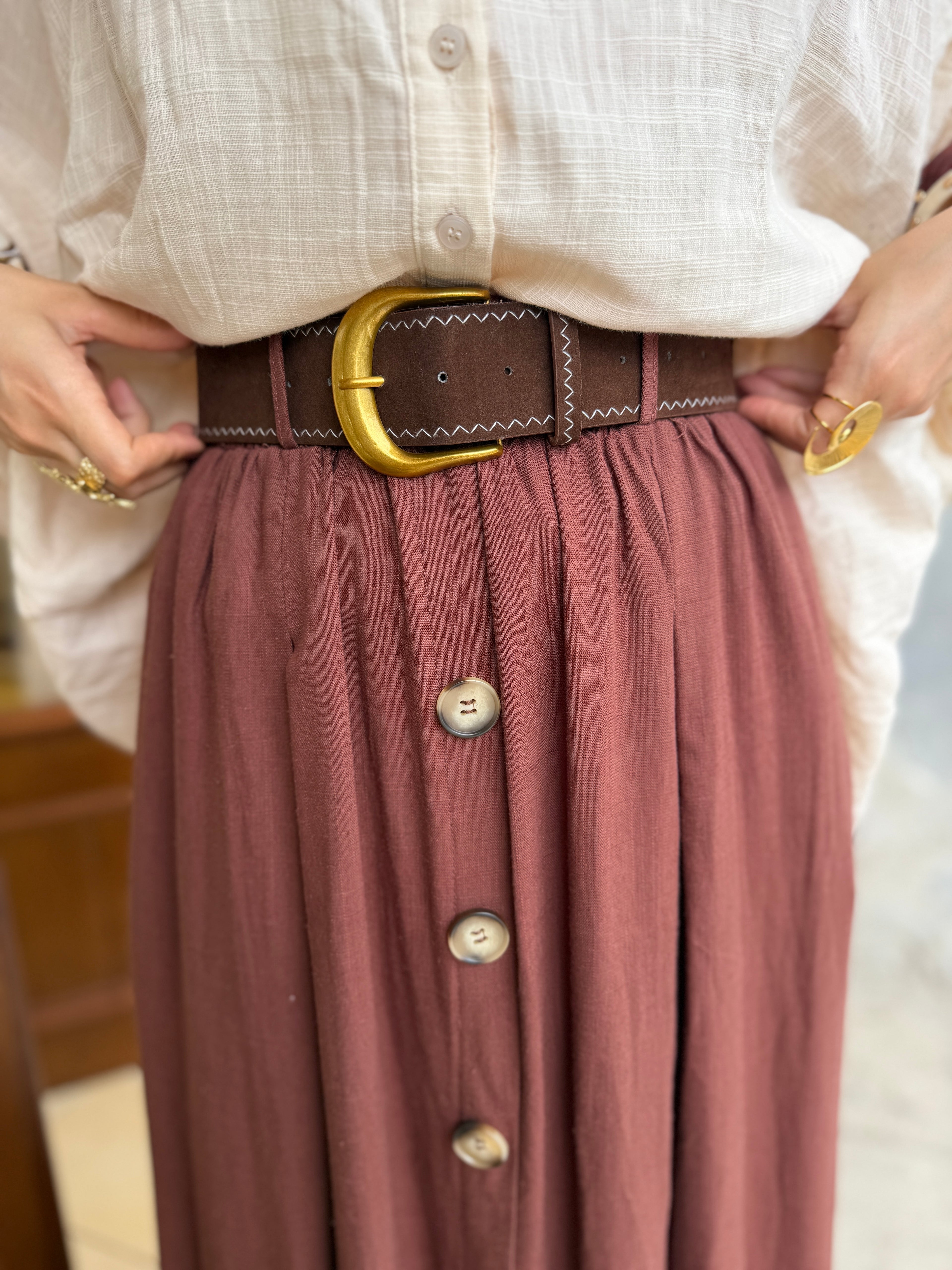 Jupe Boutonnée avec Ceinture en Lin et Coton