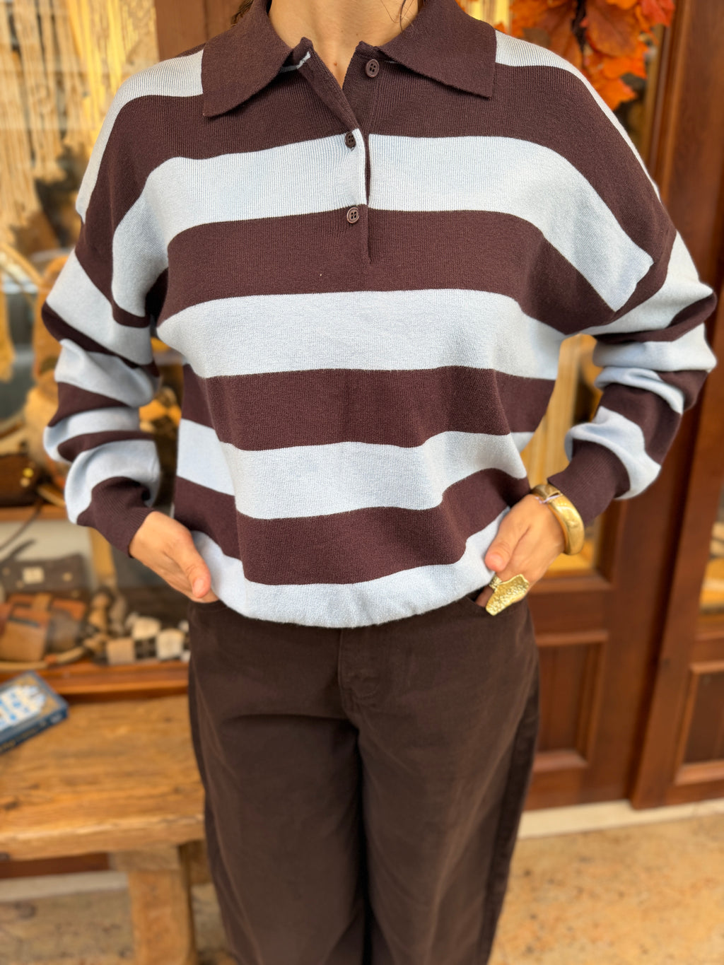 Pull polo en maille rayé