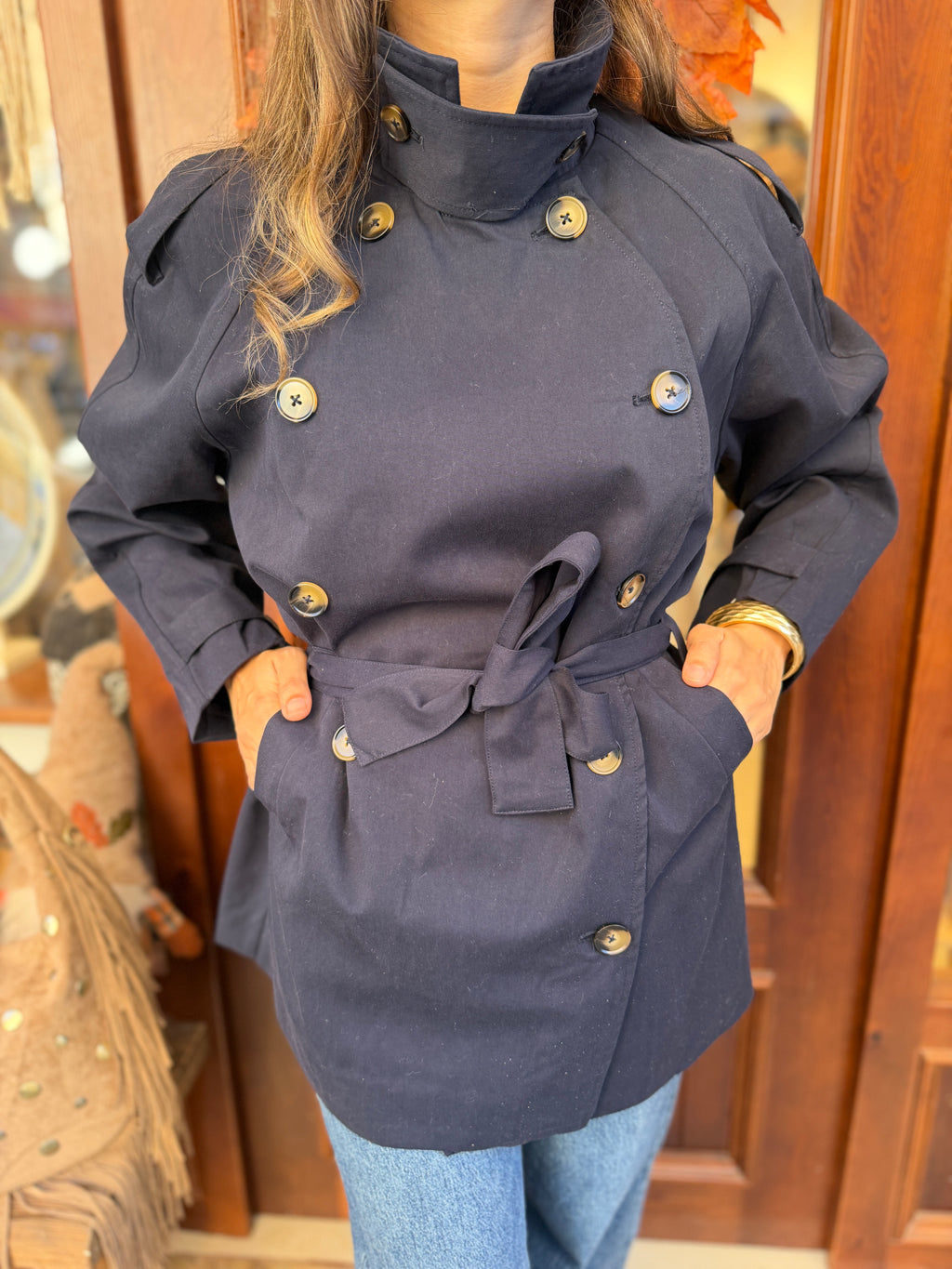 Trench-coat mi long large col montant