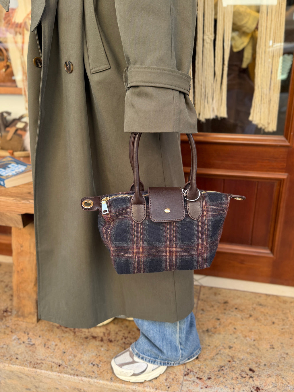 Sac tissu à carreaux detail en cuir