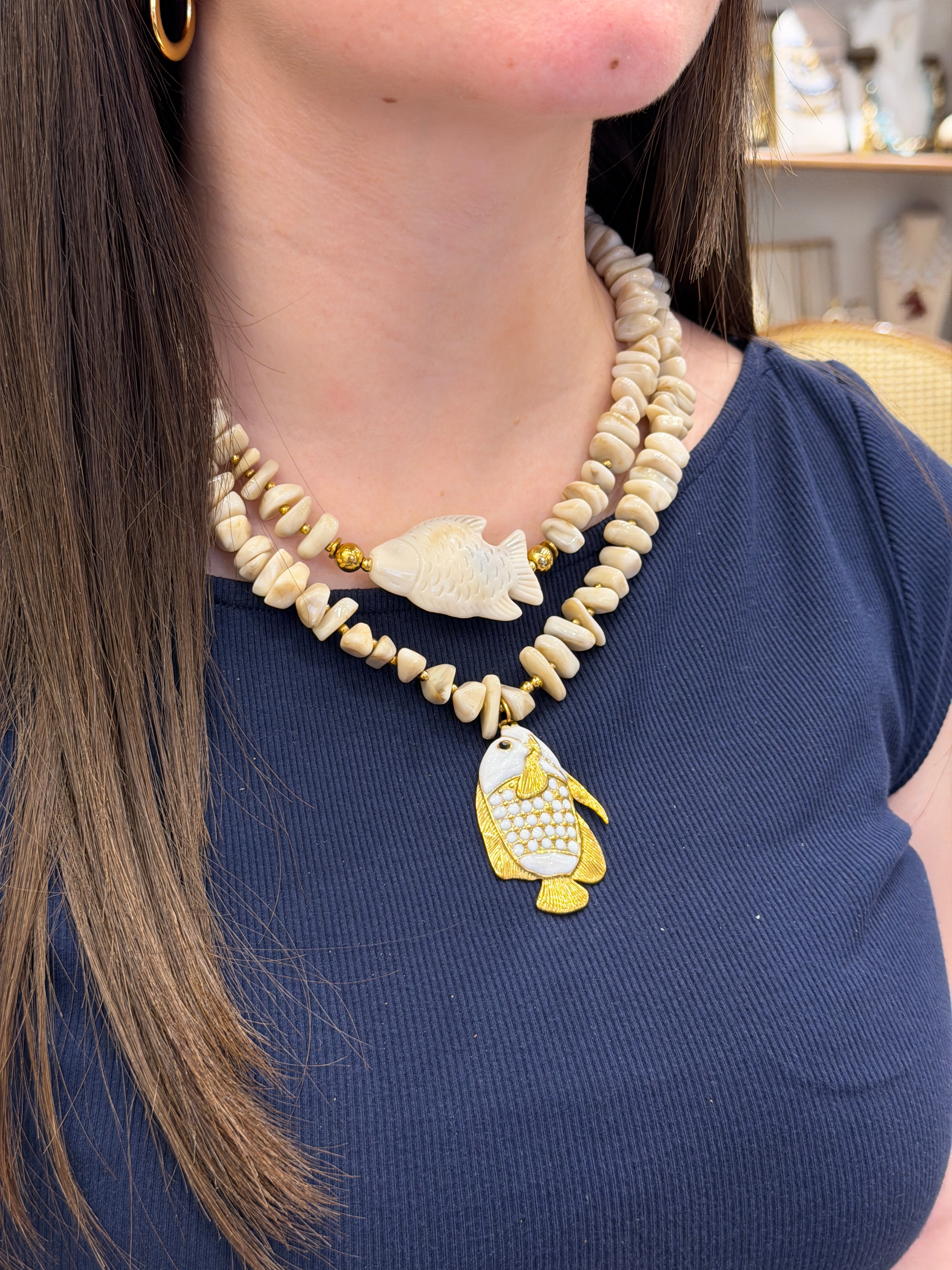 Collier doublé Poisson Nacré et Perles Naturelles