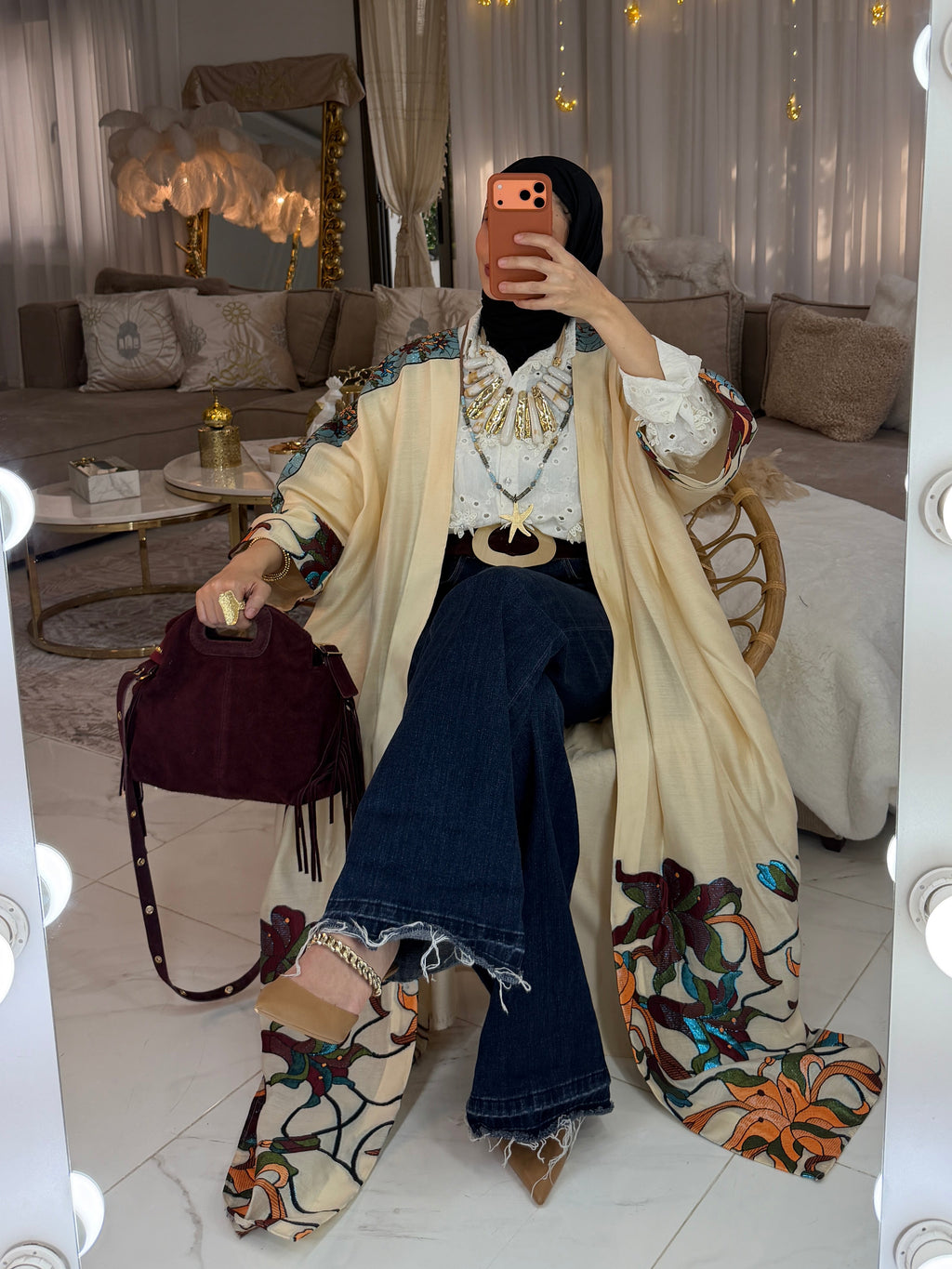 Abaya broderie écrue