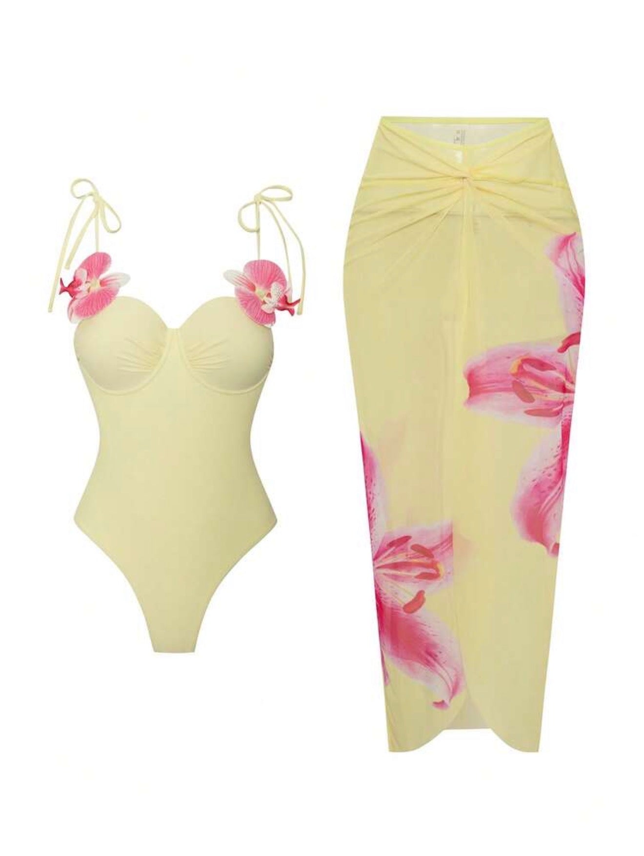 Maillot de Bain 1 Pièce avec Paréo Fleur Orchidée 3D