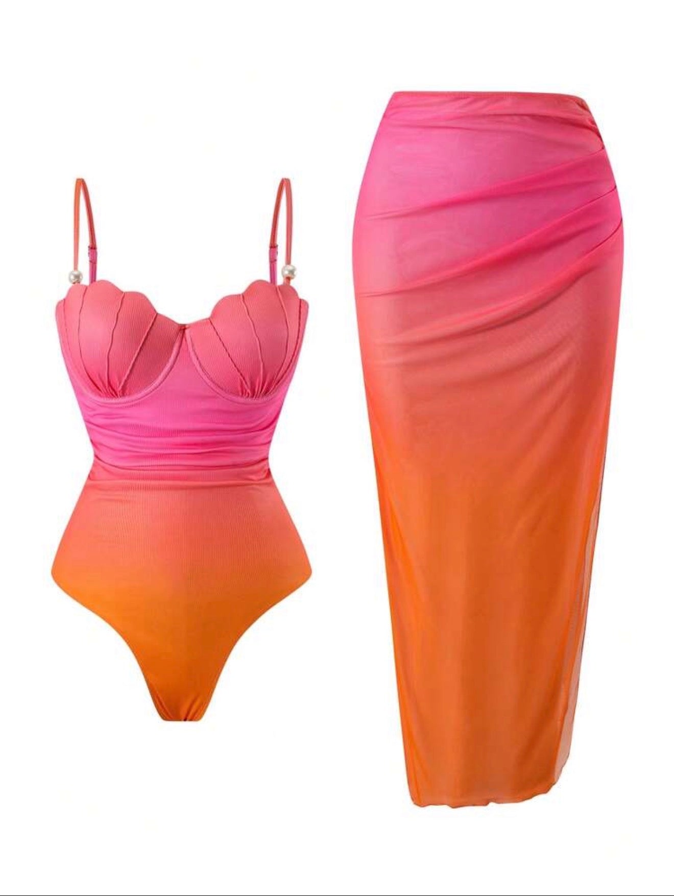 Maillot de Bain Coquille Dégradé une Pièce avec Paréo