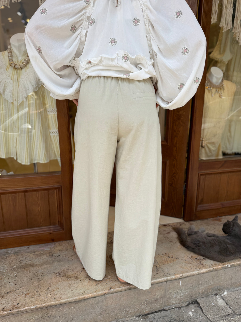Pantalon Fluide avec Ceinture en Coton et Viscose