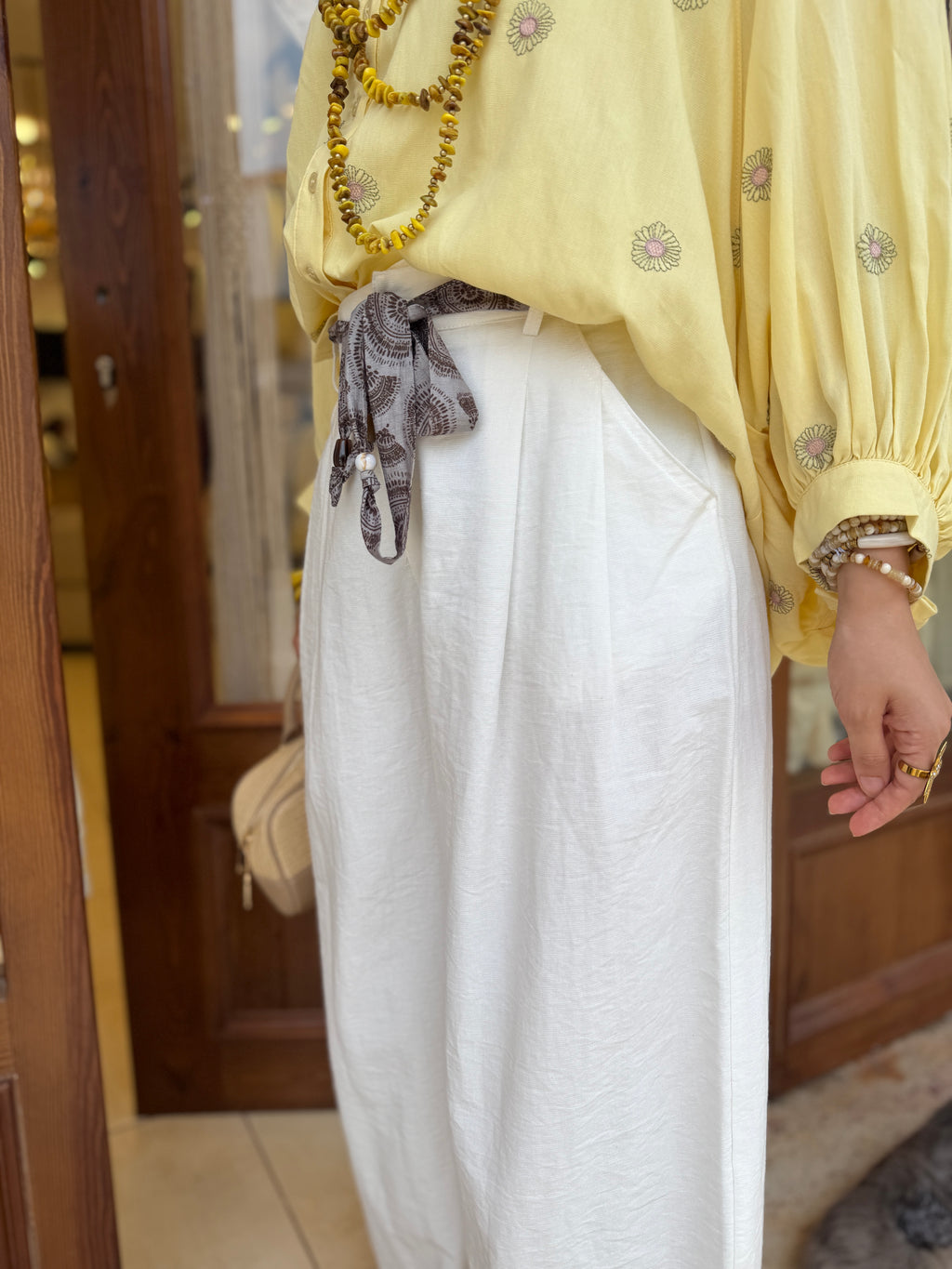 Pantalon Fluide avec Ceinture en Coton et Viscose