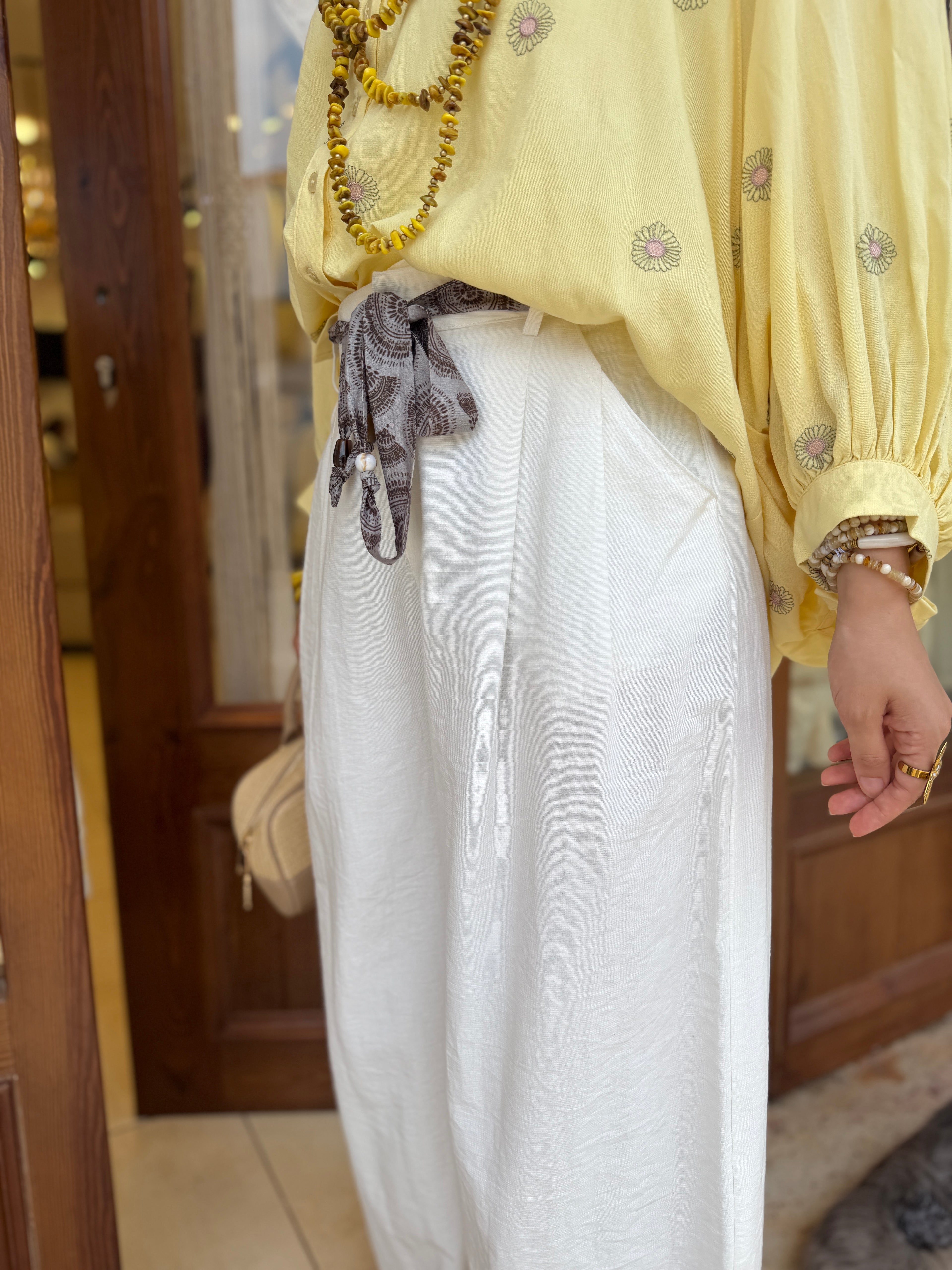 Pantalon Fluide avec Ceinture en Coton et Viscose