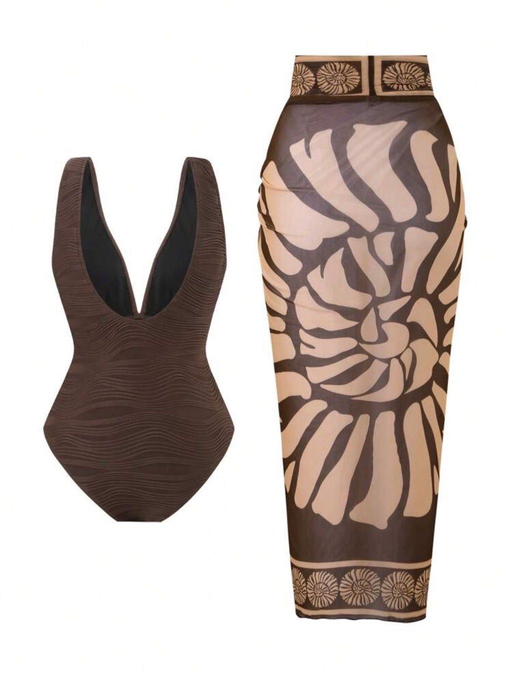 Maillot de Bain 1 Pièce Texturé avec Paréo Imprimé Coquillages