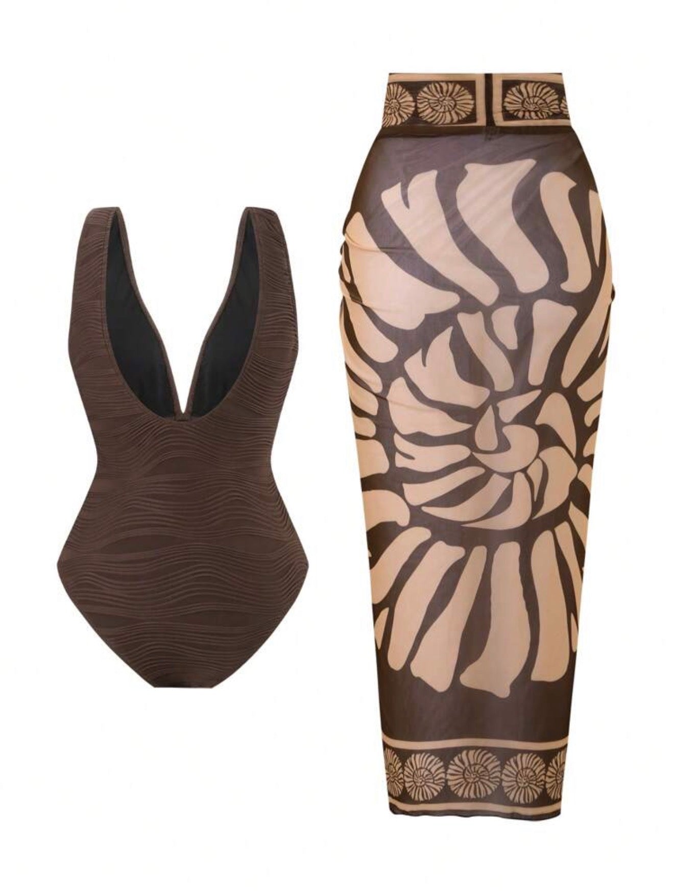 Maillot de Bain 1 Pièce Texturé avec Paréo Imprimé Coquillages