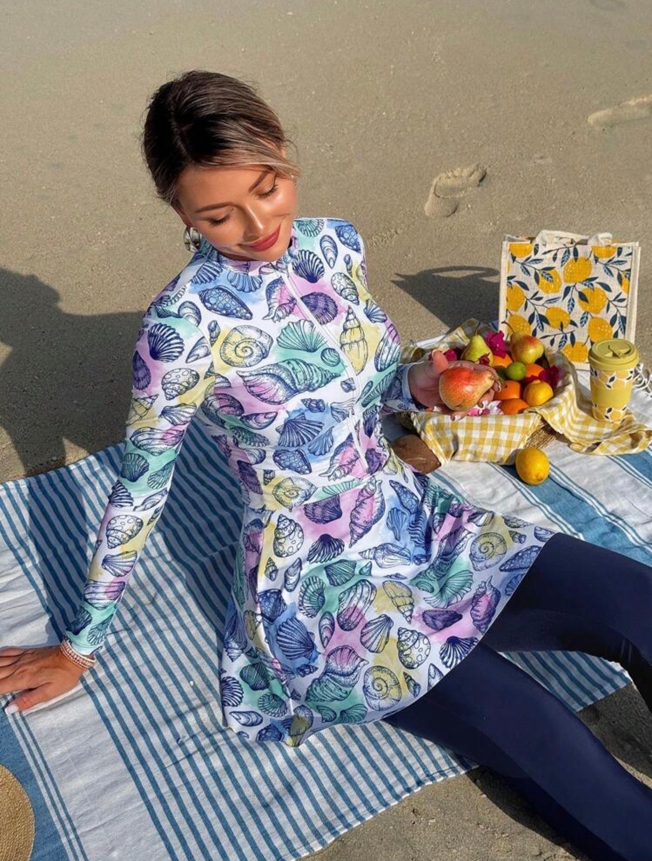 Burkini 2 Pièces Imprimé Coquillages Bleu