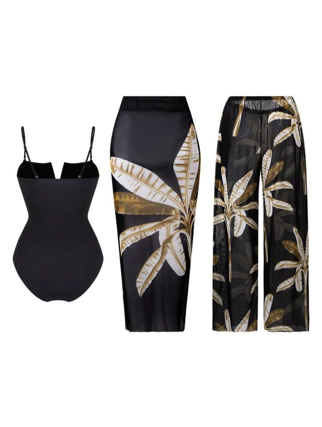 Maillot de bain 3 pièces avec jupe et pantalon imprimé palmiers