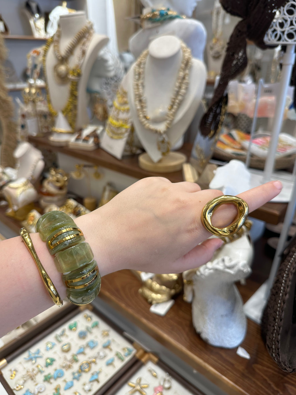 Bracelet Résine Marbrée Olive et Métal