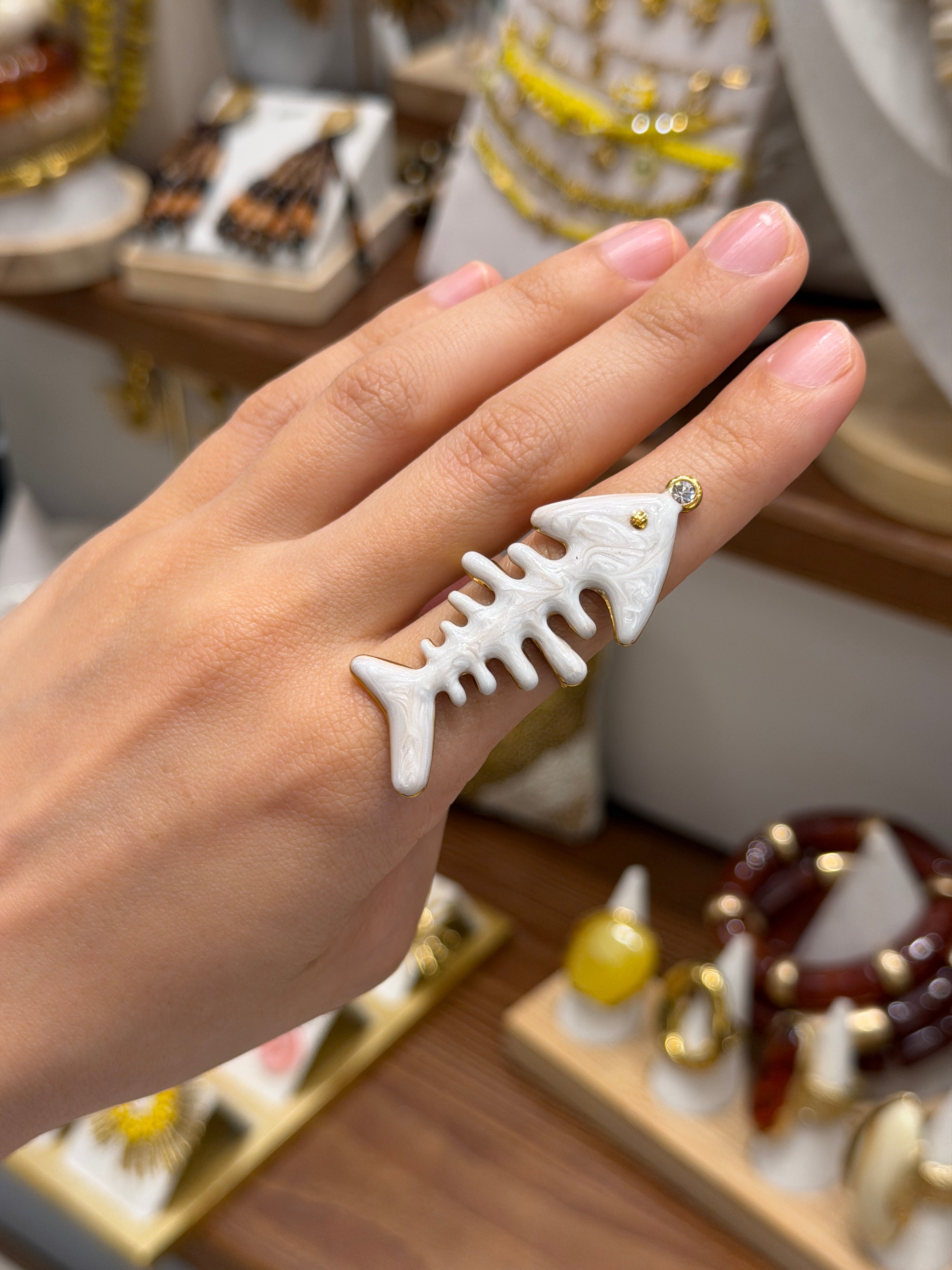 Bague Squelette de Poisson Blanche et Doré