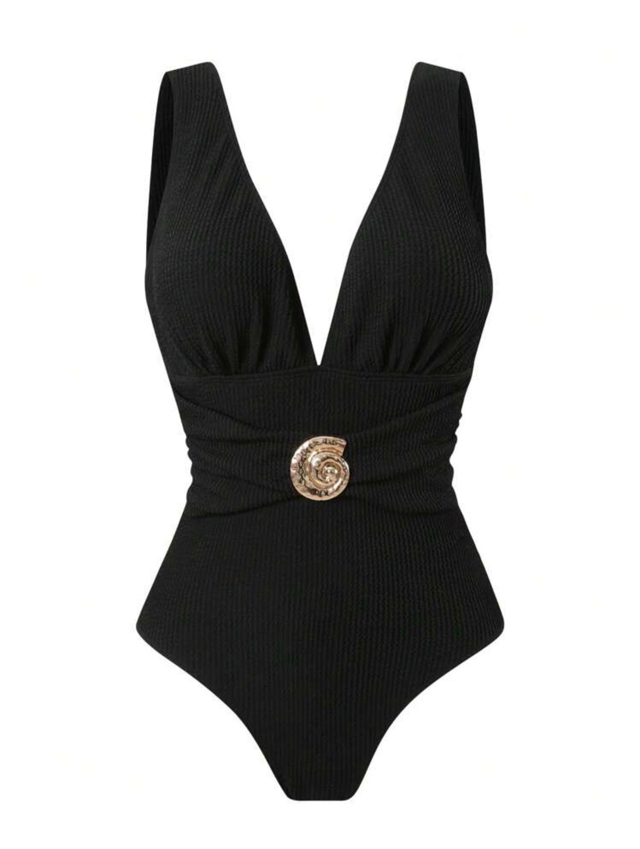 Maillot de Bain 1 Pièce Texturé avec Paréo Coquillages Noir