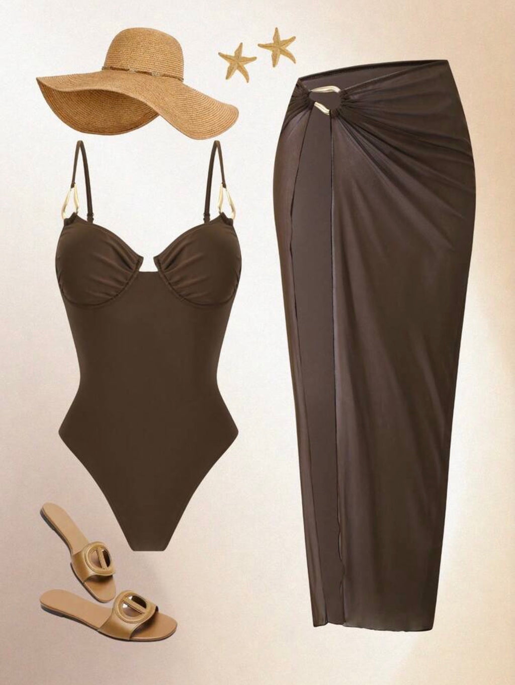Maillot de Bain 1 Pièce avec Paréo Marron