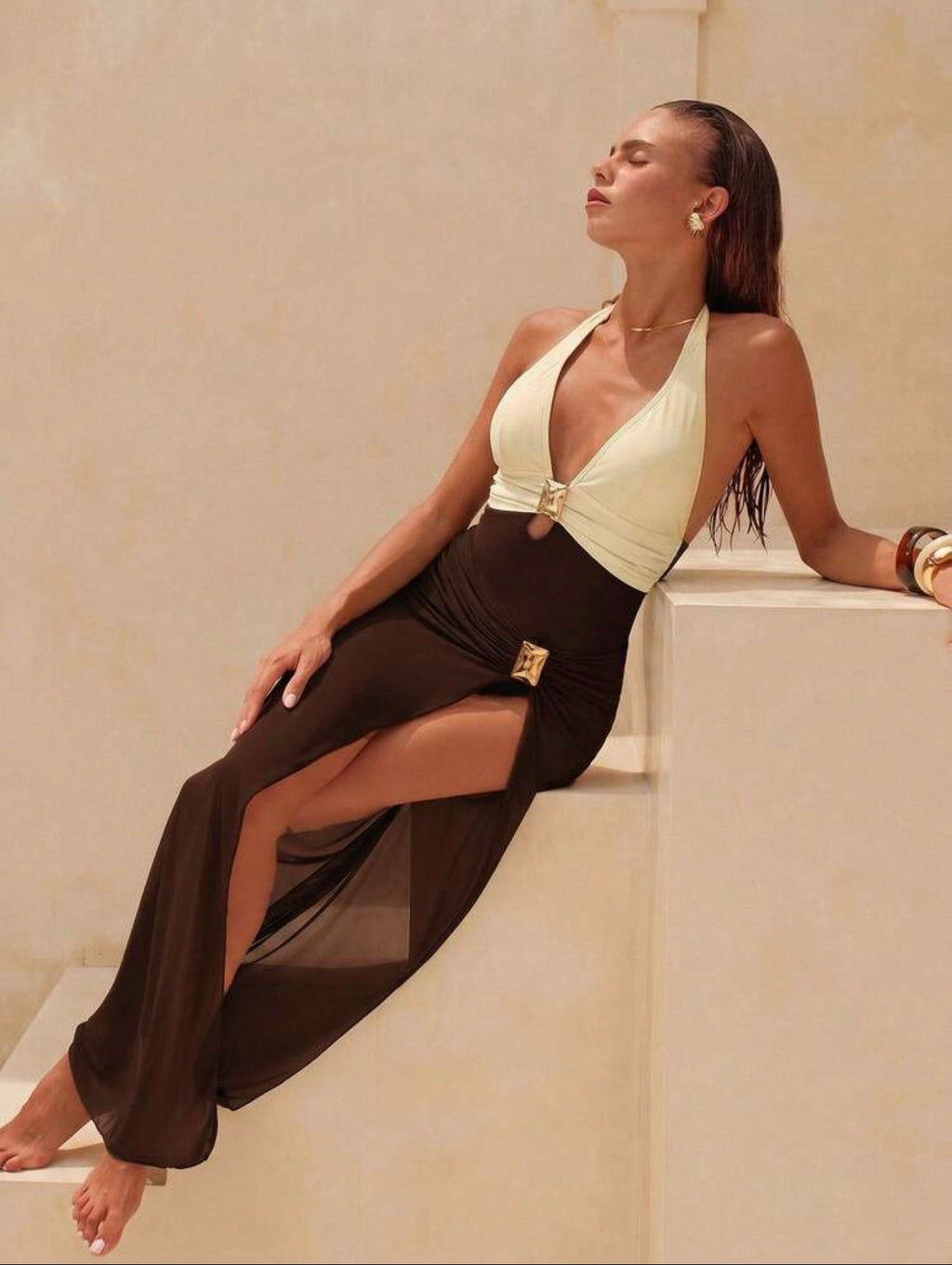 Maillot de Bain 1 Pièce avec Paréo Bijou Bicolore