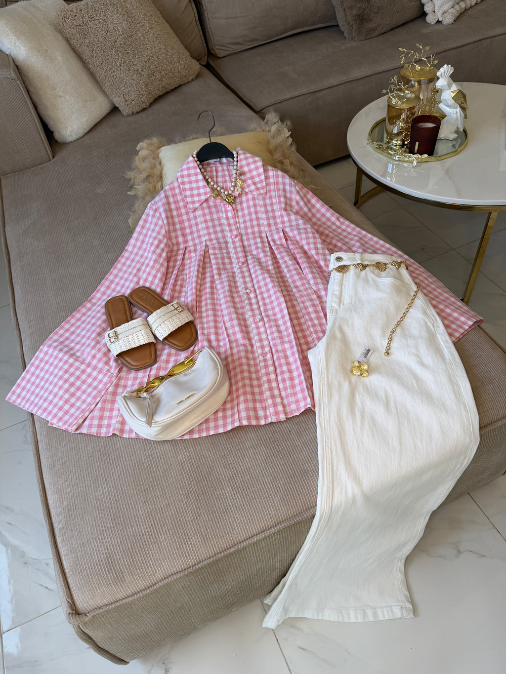 Chemise Oversize à Plis Structurés en 100% Coton Vichy