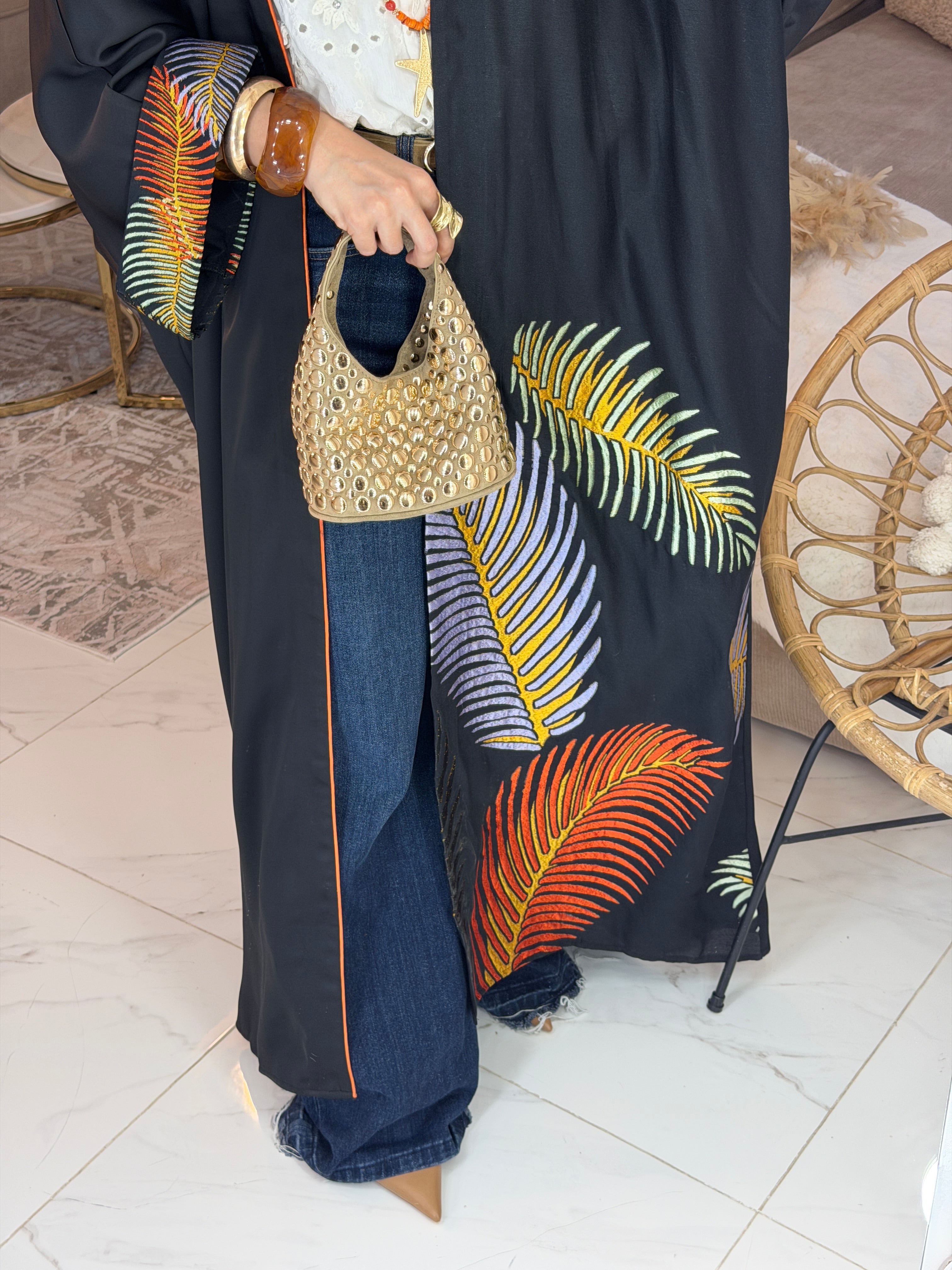 Abaya satin broderie palmier