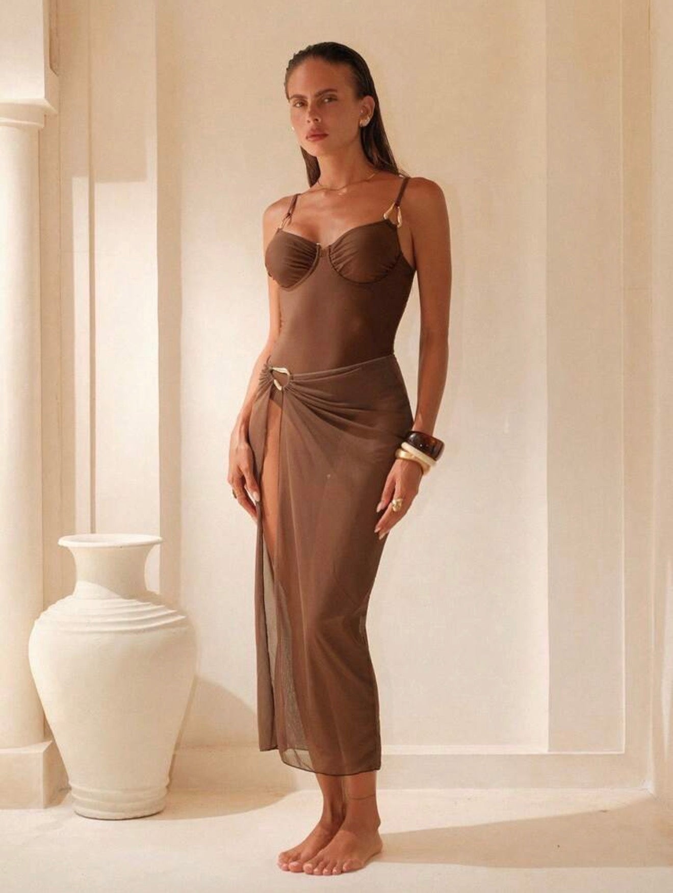 Maillot de Bain 1 Pièce avec Paréo Marron