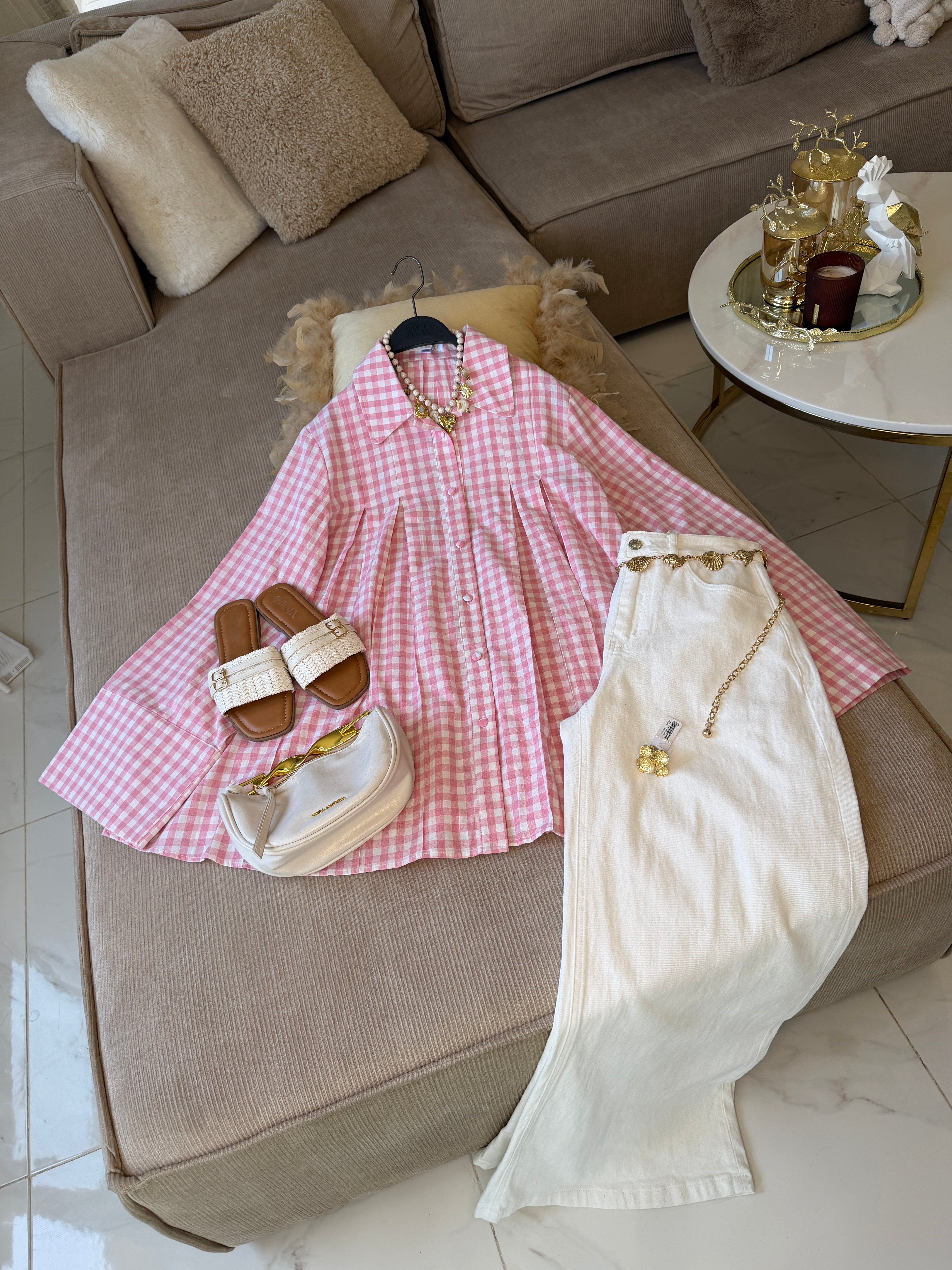 Chemise Oversize à Plis Structurés en 100% Coton Vichy