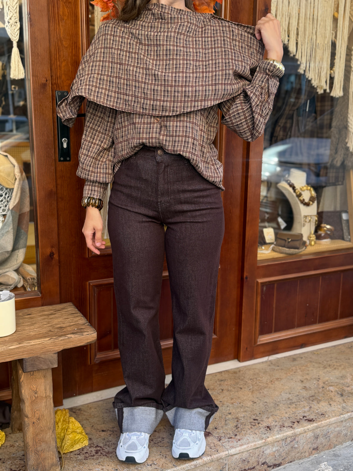 Blouse à carreaux avec cape intégrée