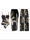 Maillot de bain 3 pièces avec jupe et pantalon imprimé palmiers