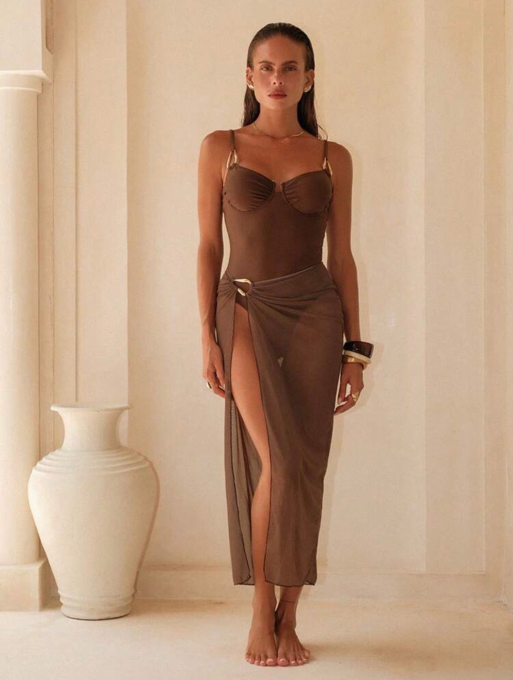 Maillot de Bain 1 Pièce avec Paréo Marron