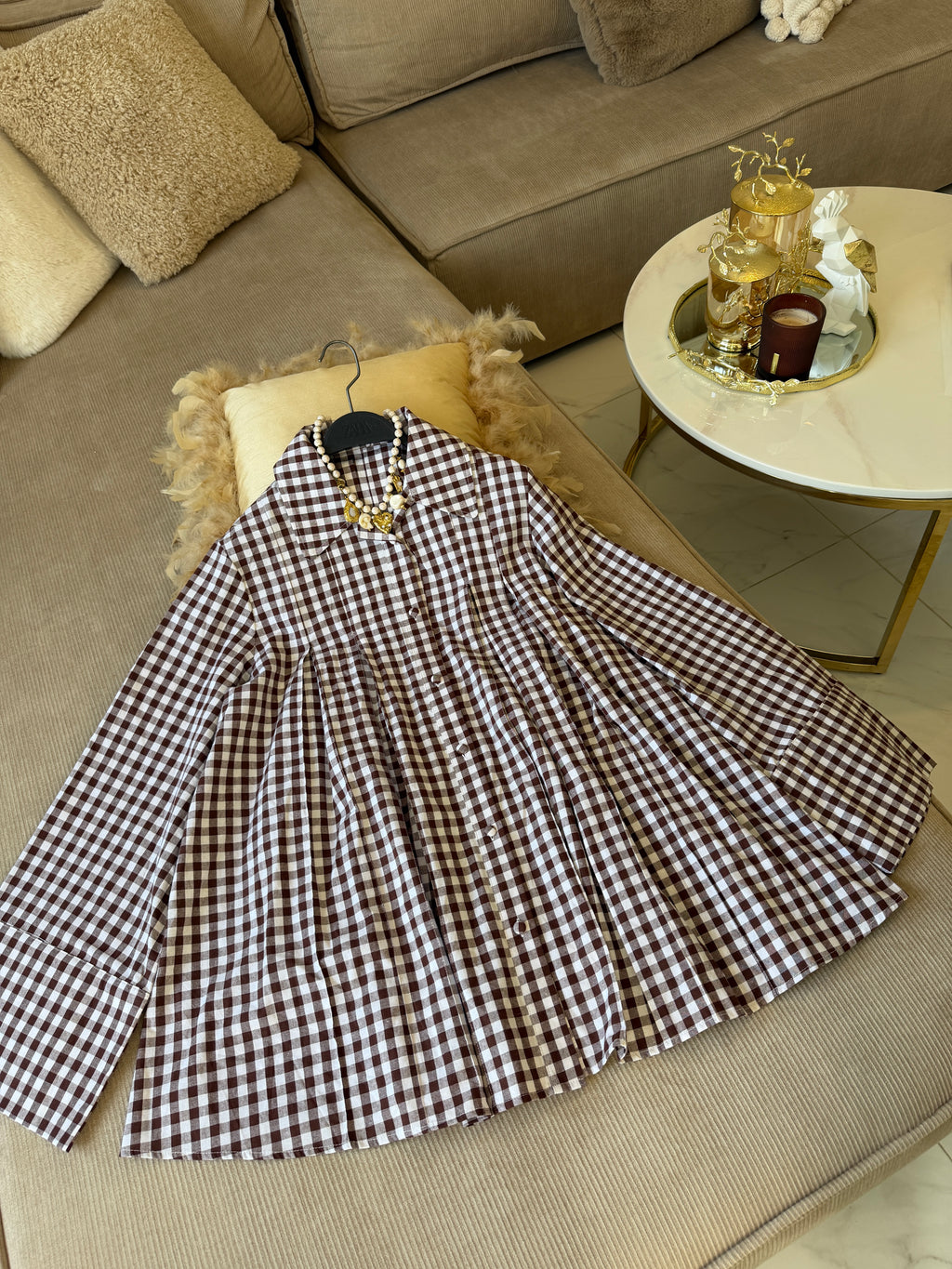 Chemise Oversize à Plis Structurés en 100% Coton Vichy