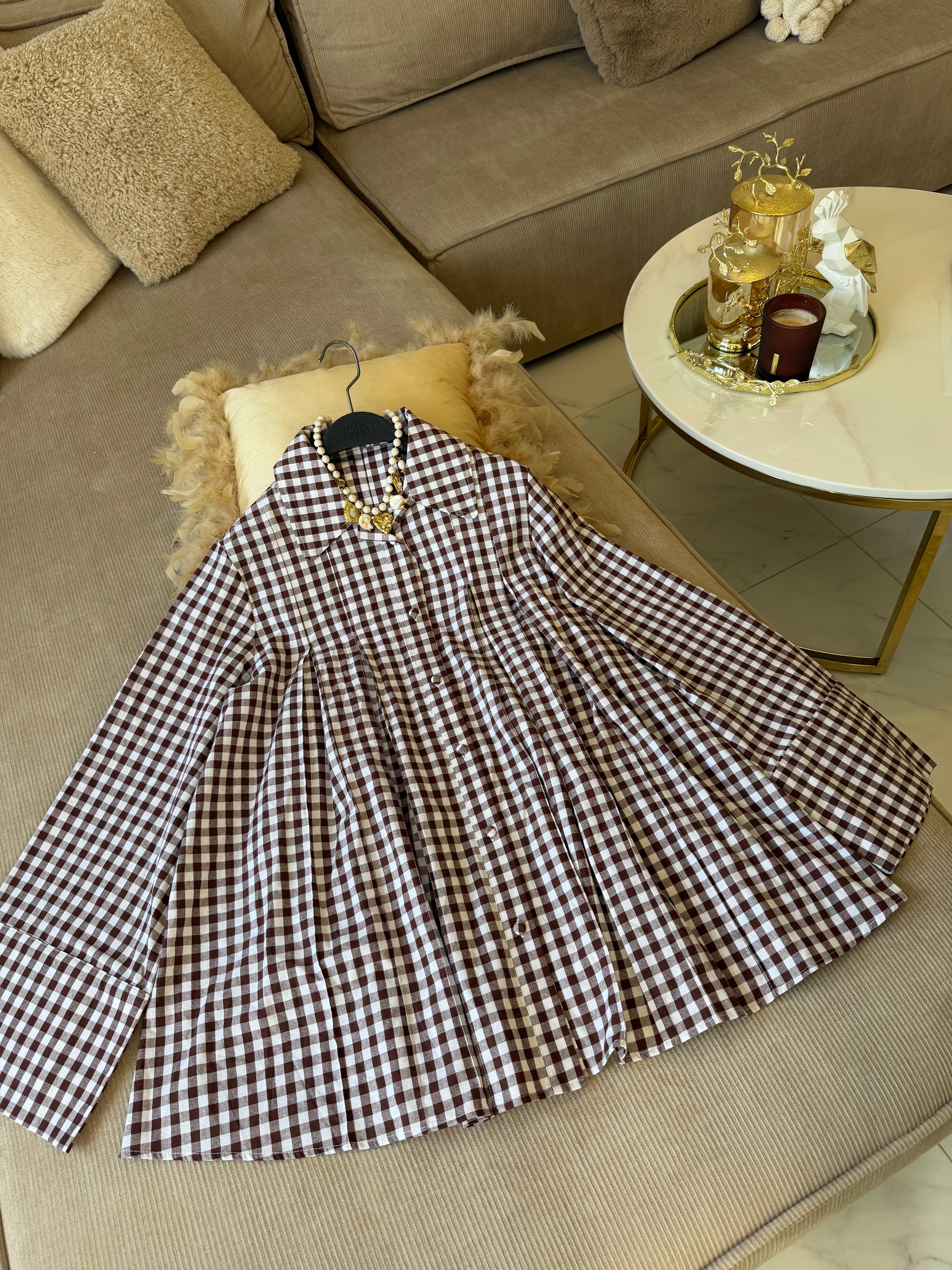 Chemise Oversize à Plis Structurés en 100% Coton Vichy