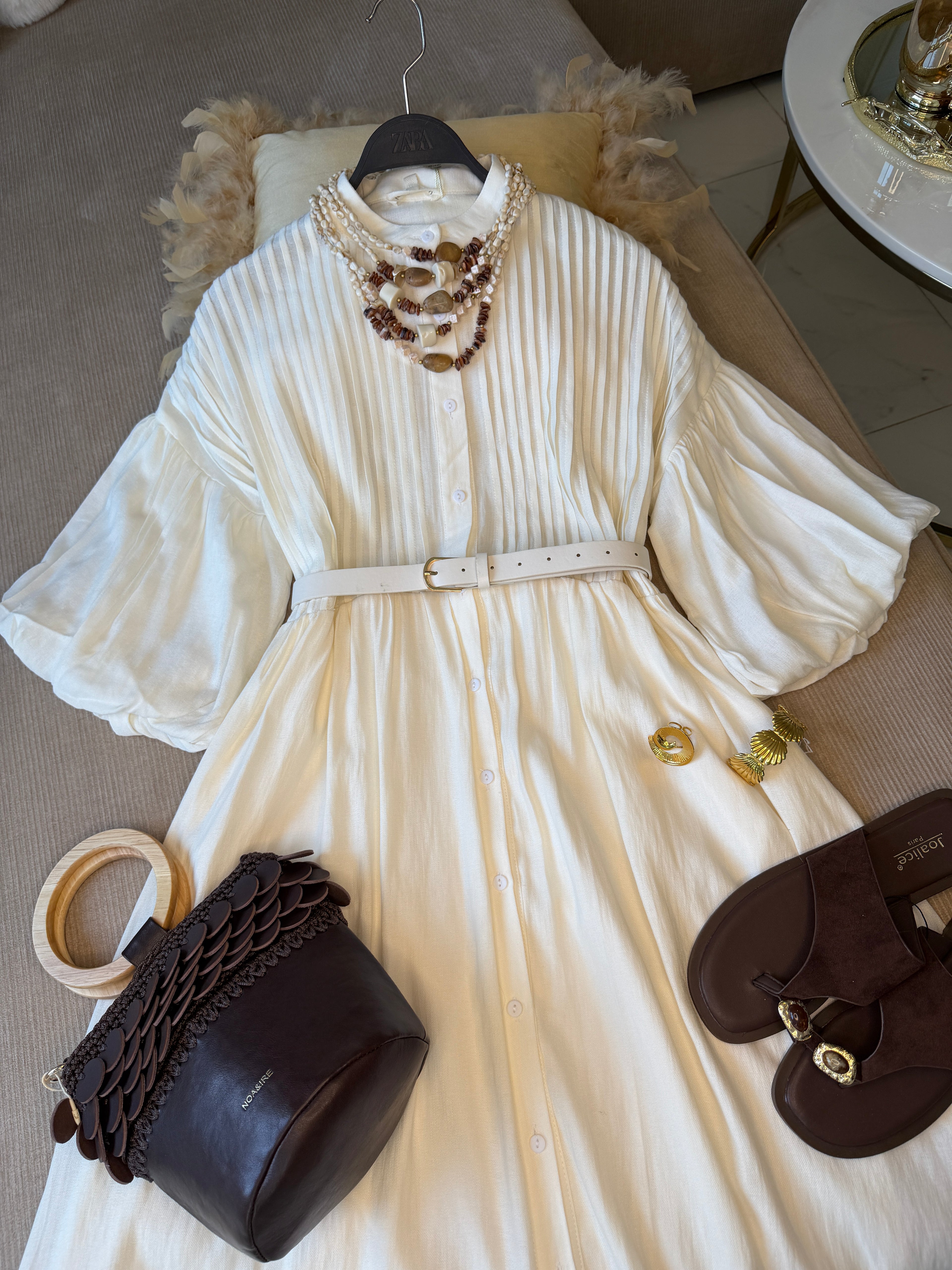 Robe Longue avec Ceinture Bohème Ivoire