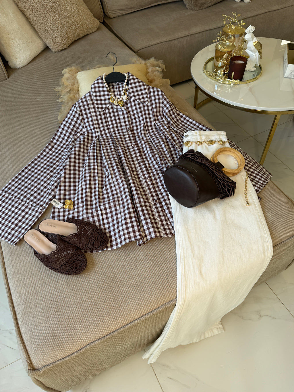 Chemise Oversize à Plis Structurés en 100% Coton Vichy