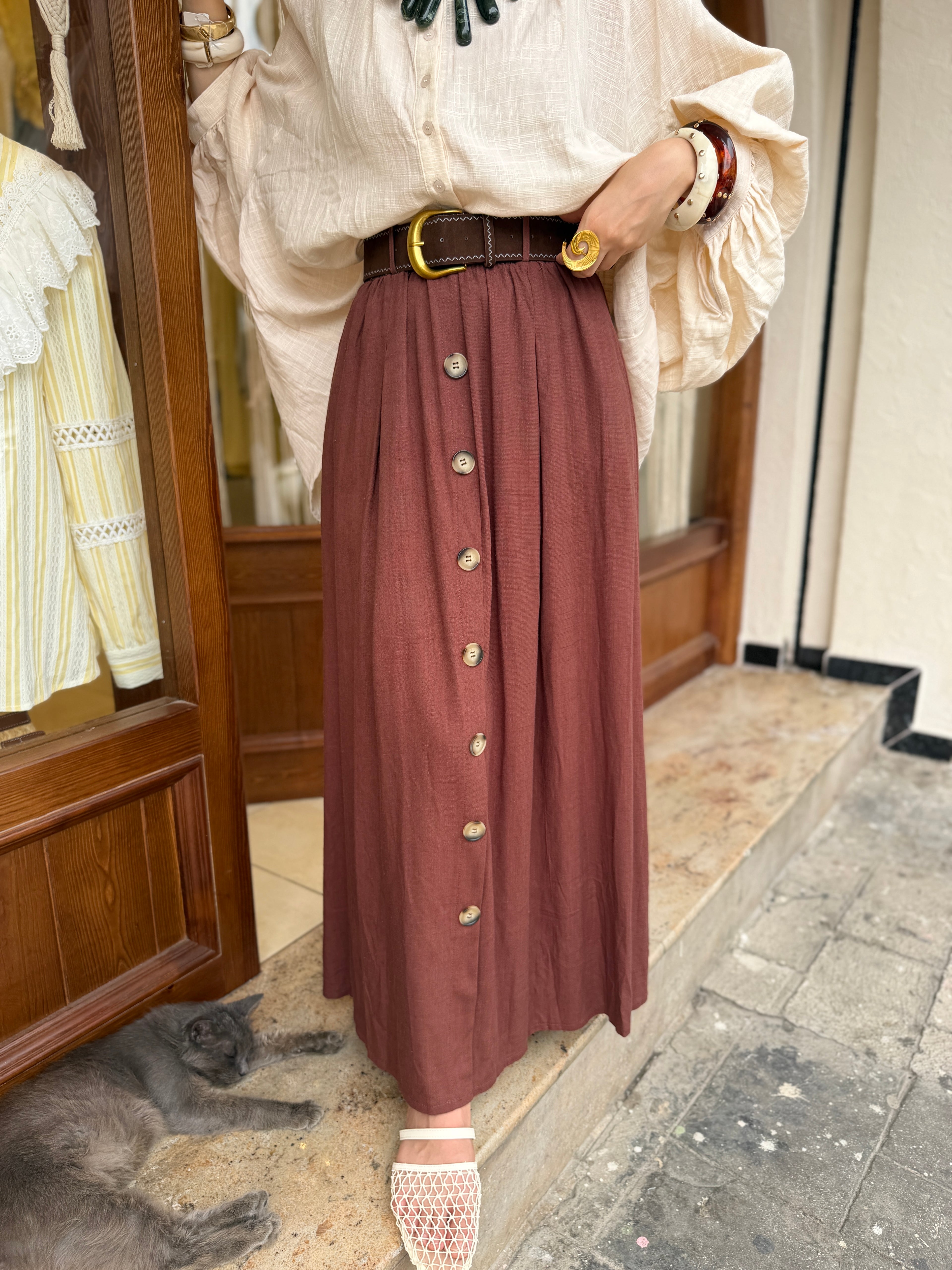 Jupe Boutonnée avec Ceinture en Lin et Coton