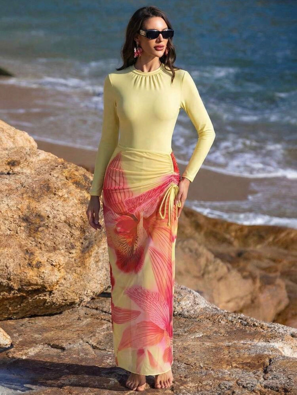Burkini 3 Pièces Jaune Imprimé Orchidée