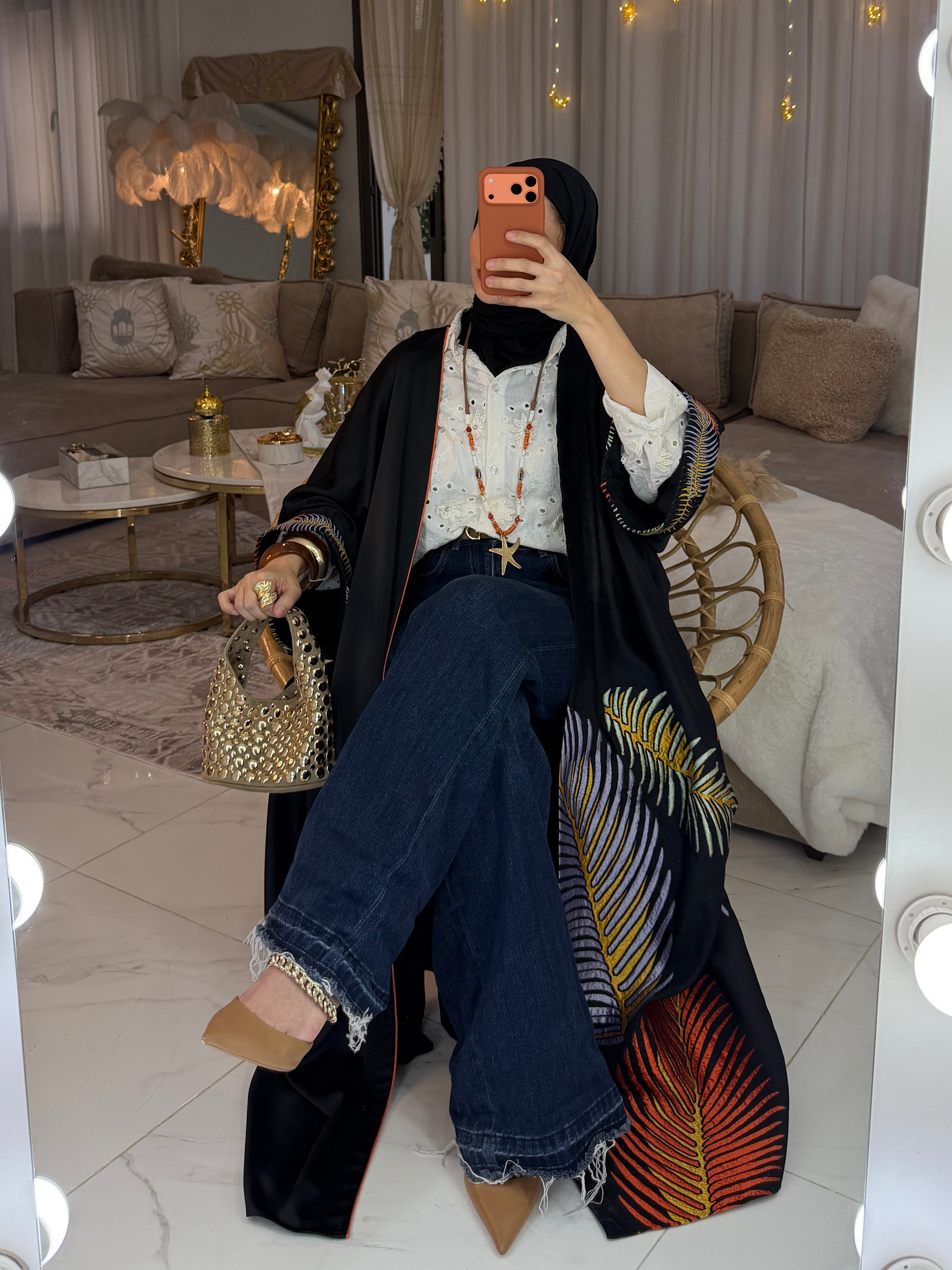 Abaya satin broderie palmier