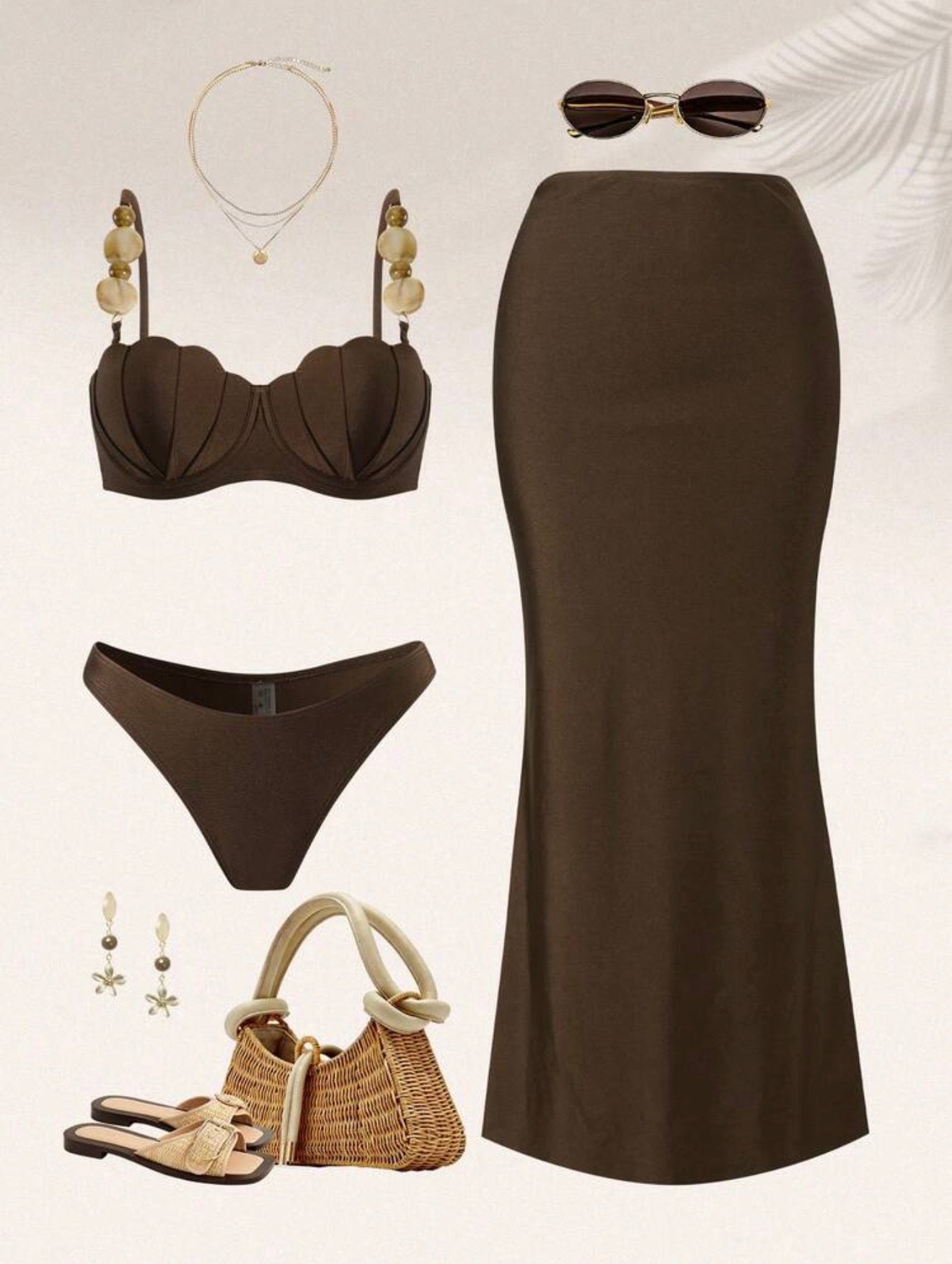 Maillot de Bain 2 Pièces Coquille avec Jupe Paréo Marron