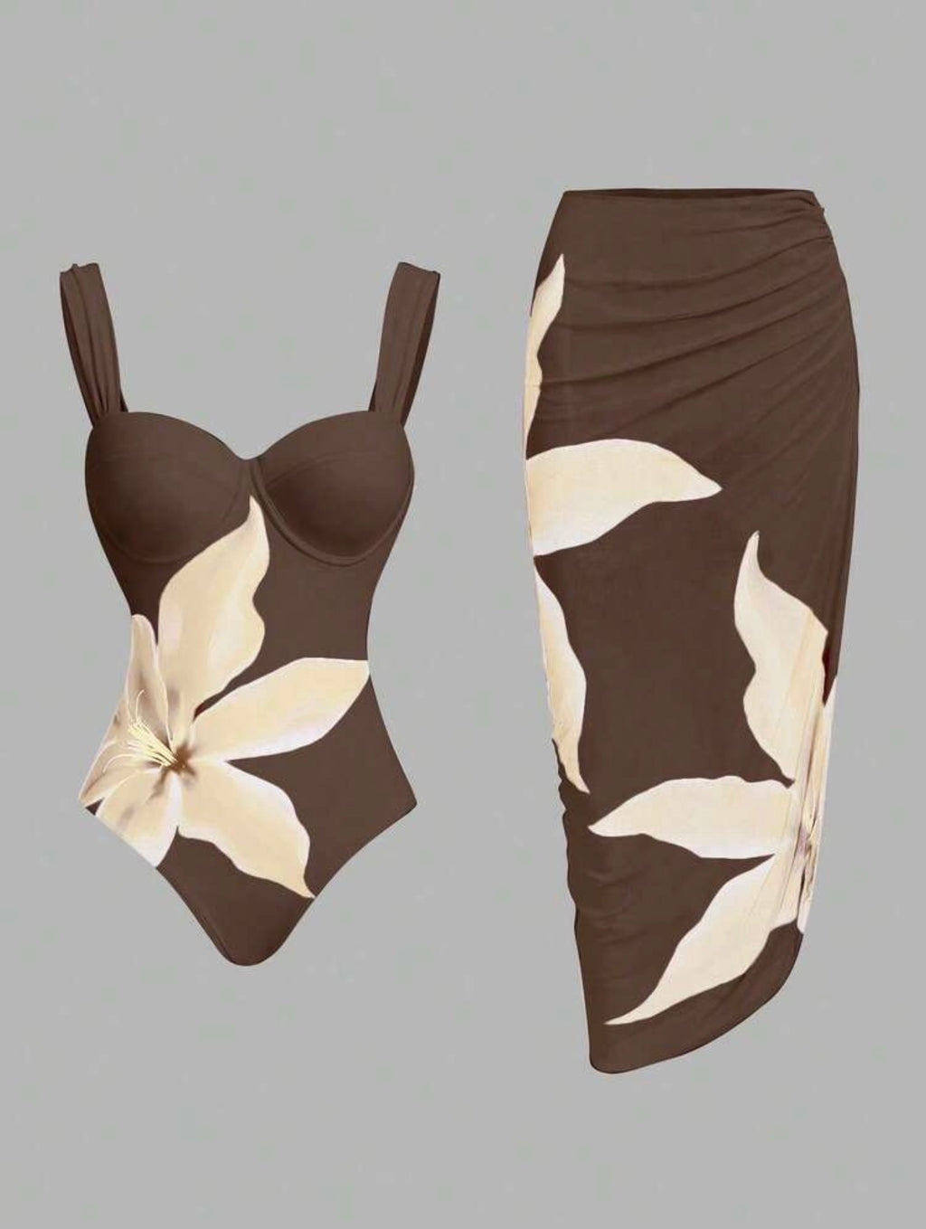 Maillot de Bain Orchidée une Pièce avec Paréo Marron