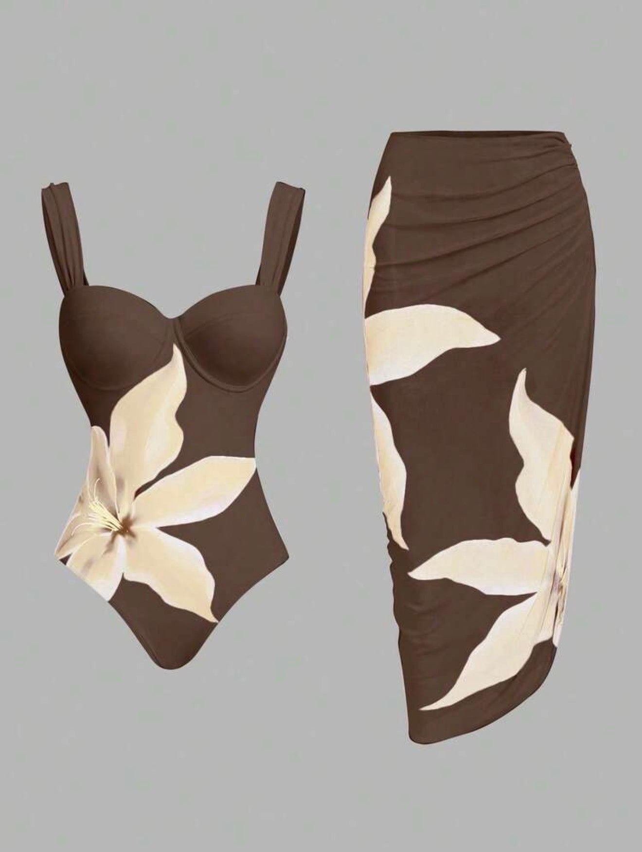 Maillot de Bain Orchidée une Pièce avec Paréo Marron