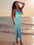Maillot de bain bleu azur une pièce avec jupe longue